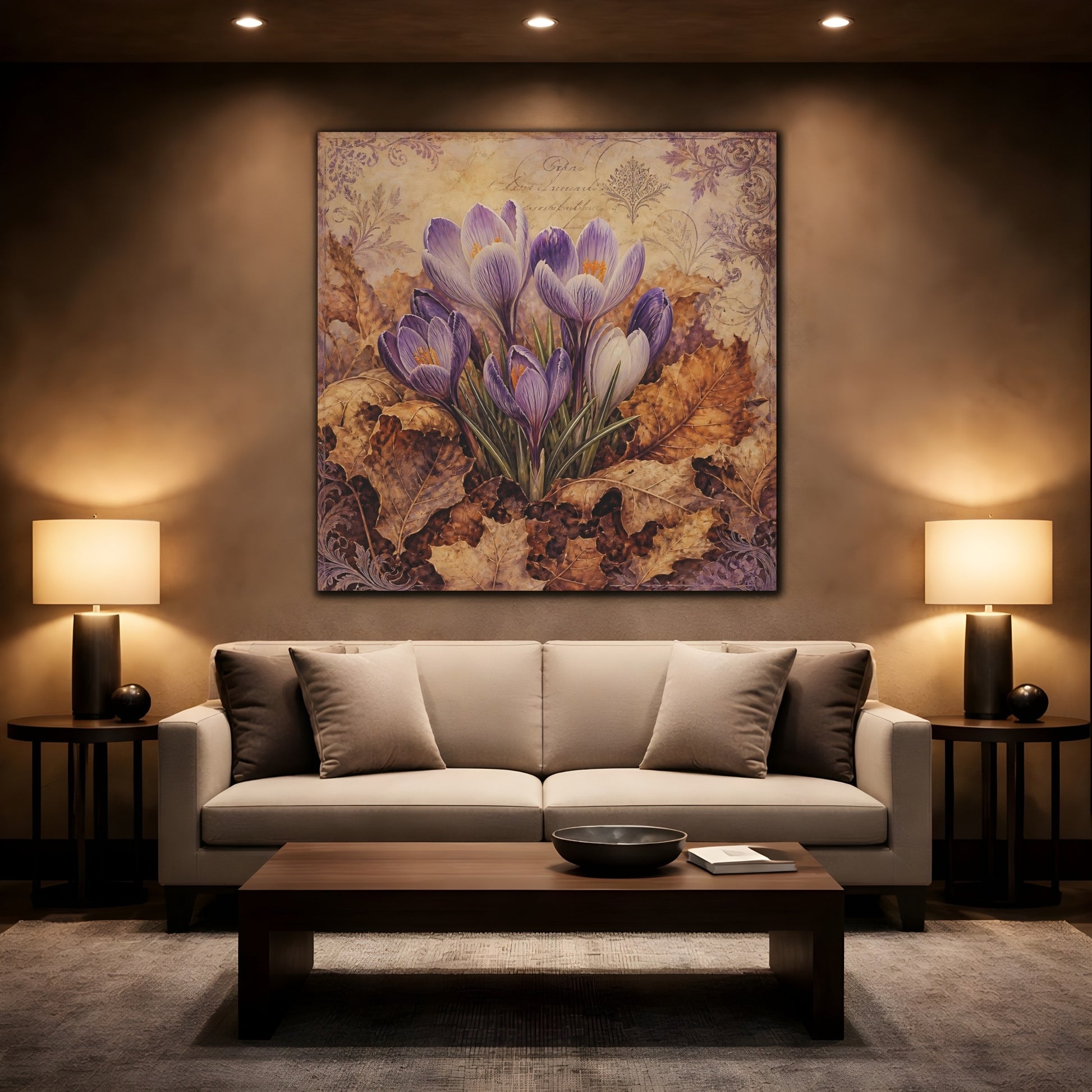Mockup 2. Floral Crocus Flowers Purple And Brown shown as stretched canvas wall art