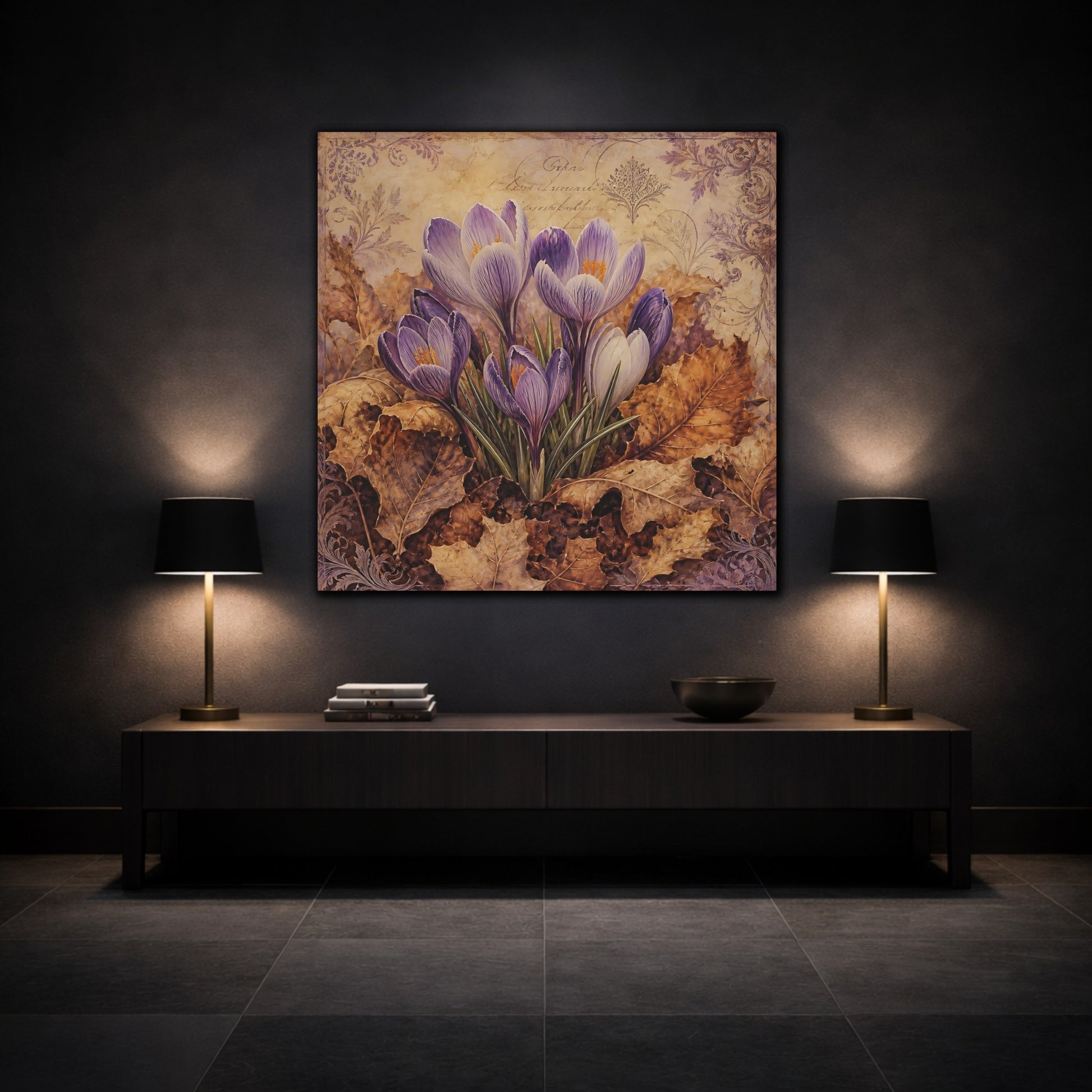Mockup 3. Floral Crocus Flowers Purple And Brown shown as stretched canvas wall art