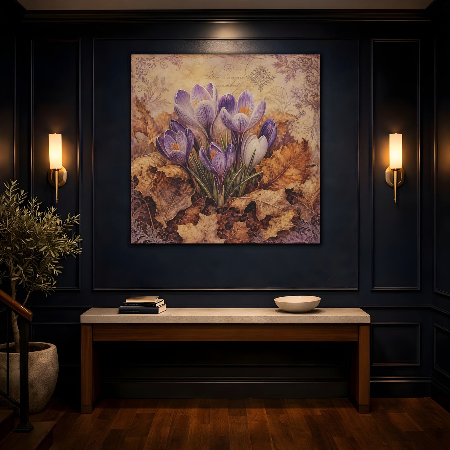 Mockup 4. Floral Crocus Flowers Purple And Brown shown as stretched canvas wall art