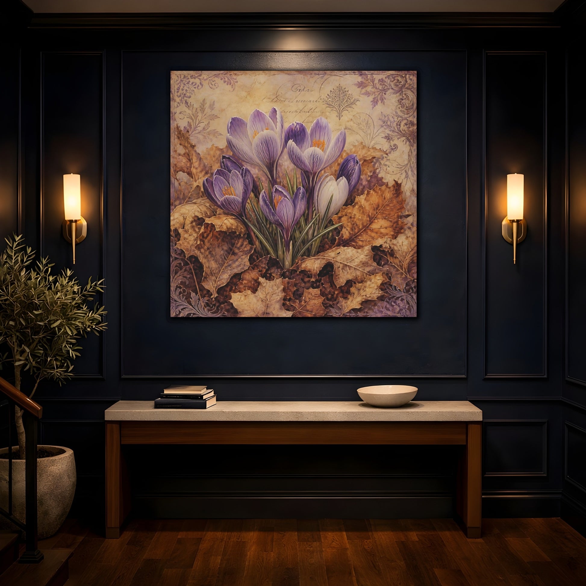 Mockup 4. Floral Crocus Flowers Purple And Brown shown as stretched canvas wall art