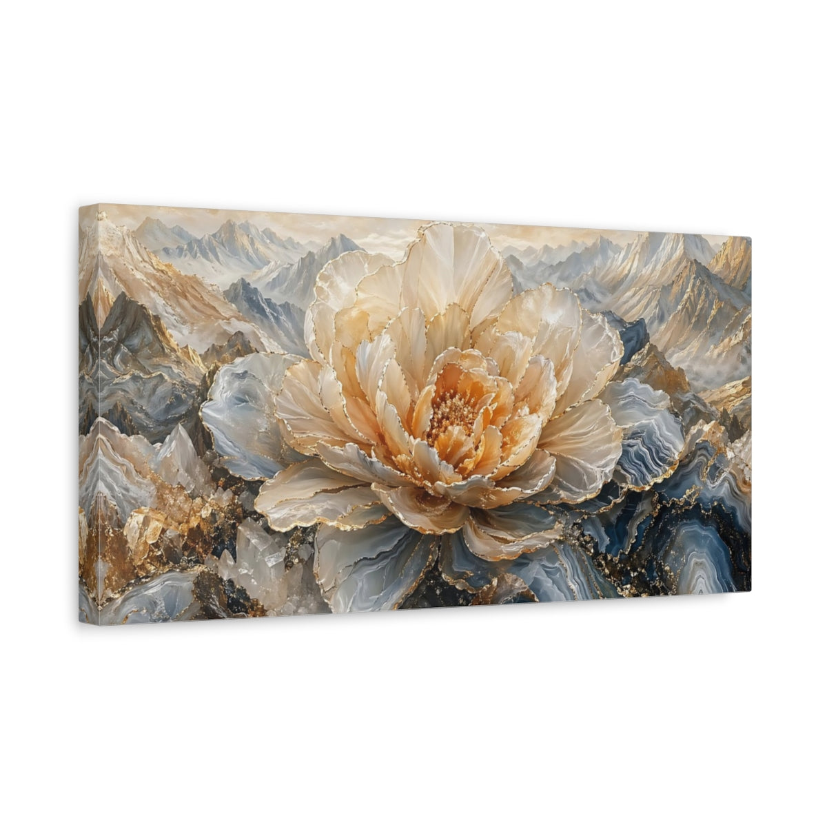 Side Mockup 3. Floral Crystal Flower Gold Blue Floral shown as stretched canvas wall art