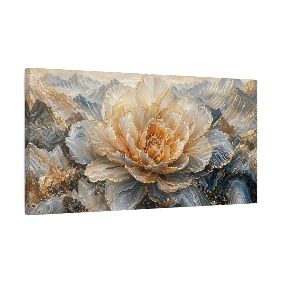 Side Mockup 1. Floral Crystal Flower Gold Blue Floral shown as stretched canvas wall art