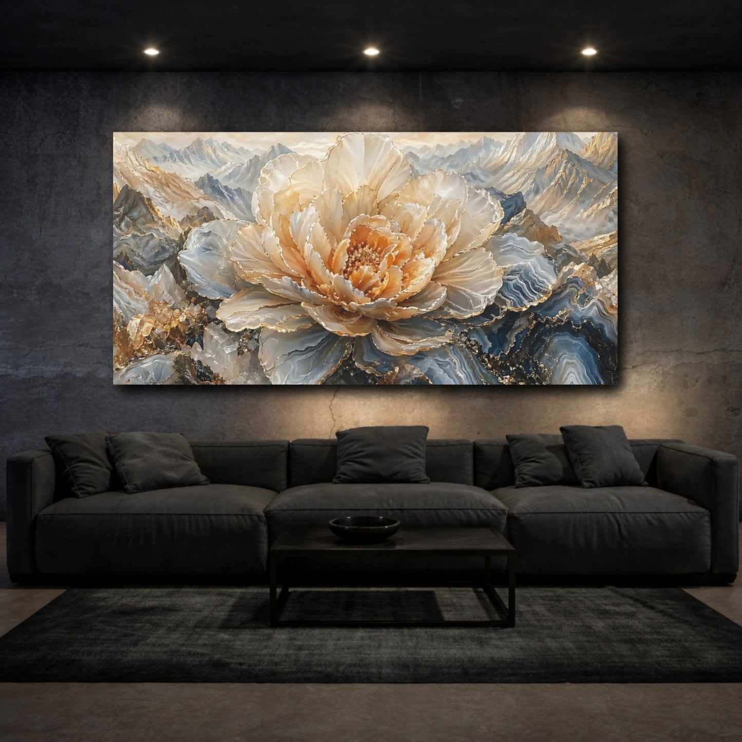 Mockup 2. Floral Crystal Flower Gold Blue Floral shown as stretched canvas wall art