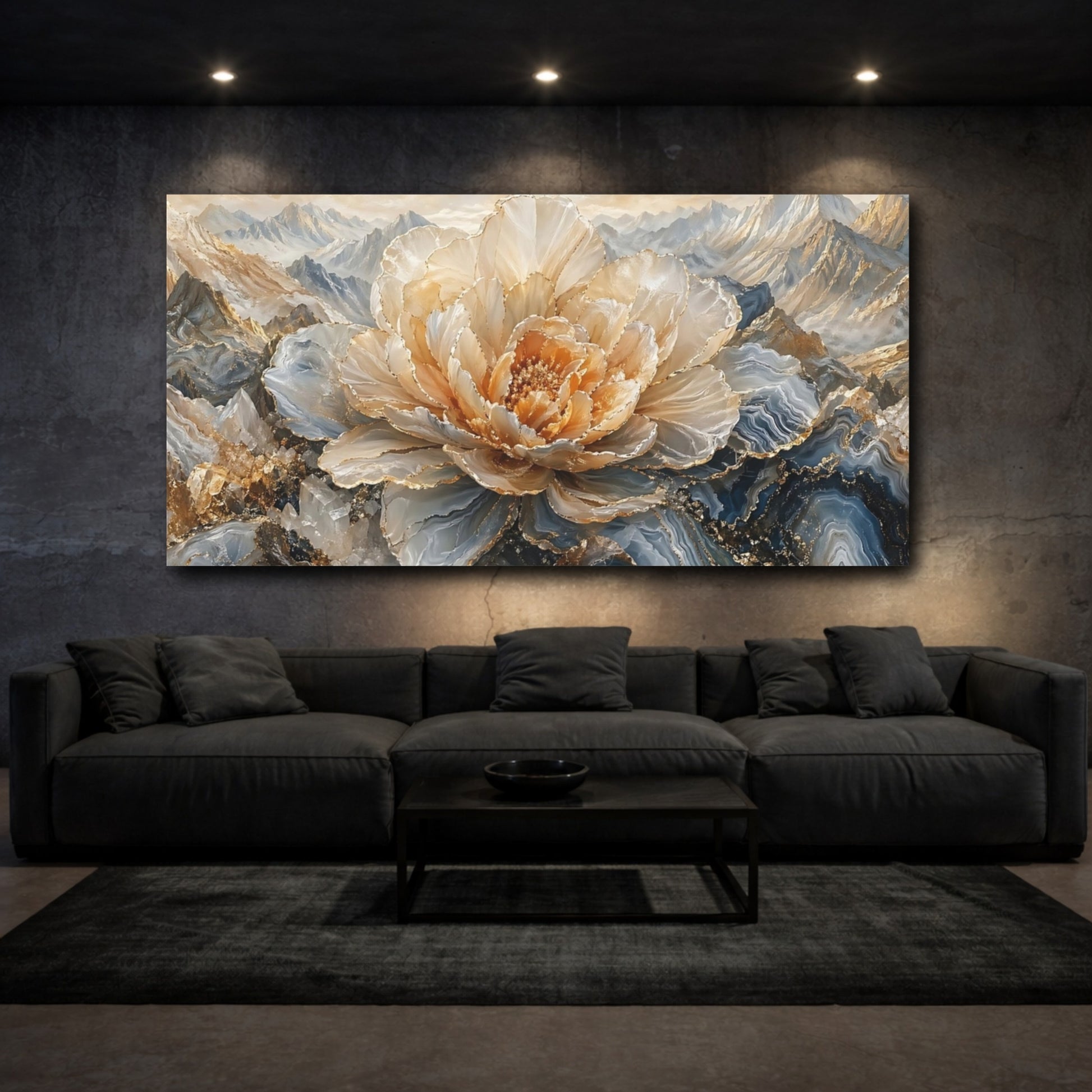 Mockup 2. Floral Crystal Flower Gold Blue Floral shown as stretched canvas wall art