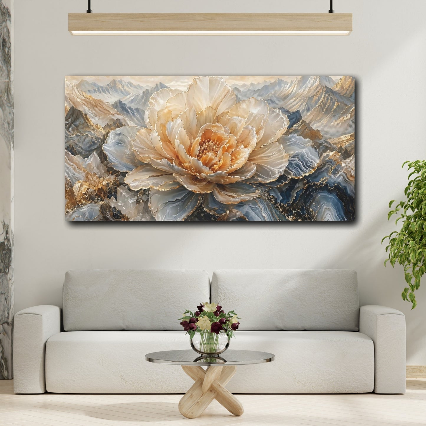 Mockup 3. Floral Crystal Flower Gold Blue Floral shown as stretched canvas wall art