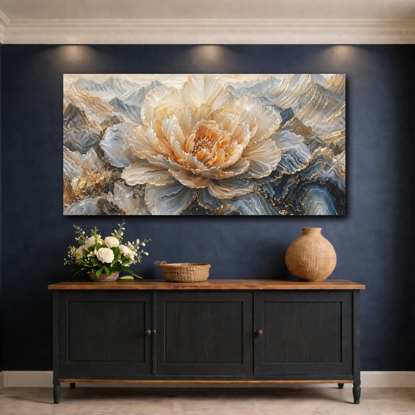 Mockup 4. Floral Crystal Flower Gold Blue Floral shown as stretched canvas wall art