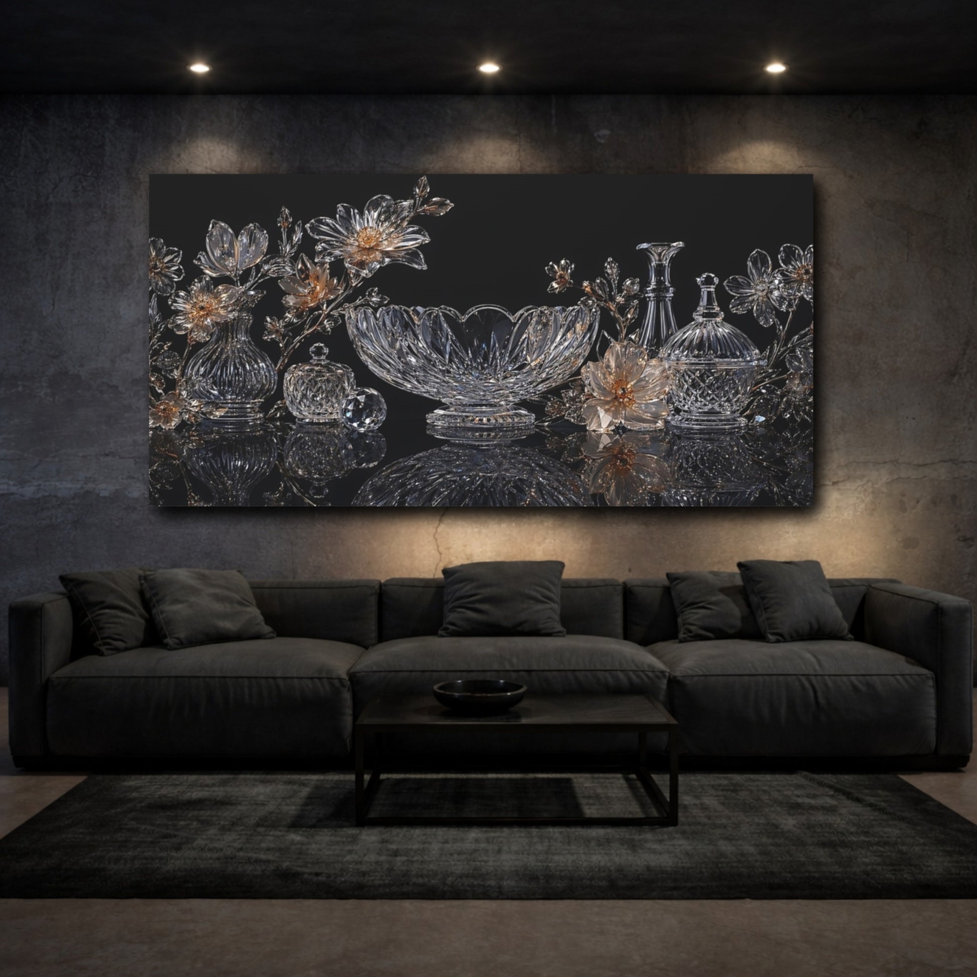 Mockup 2. Floral Crystal Flowers Crystal Gold Decor shown as stretched canvas wall art
