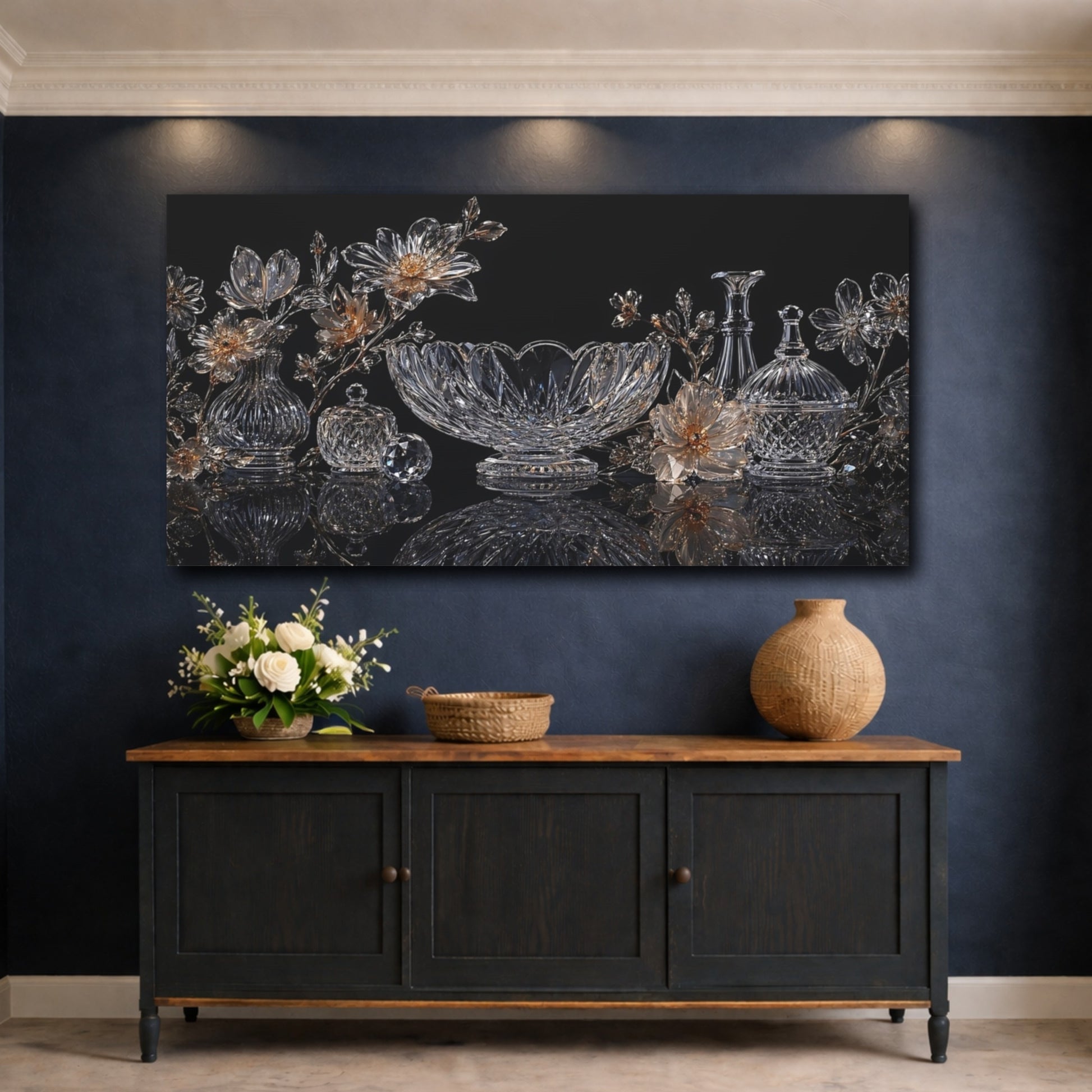 Mockup 4. Floral Crystal Flowers Crystal Gold Decor shown as stretched canvas wall art