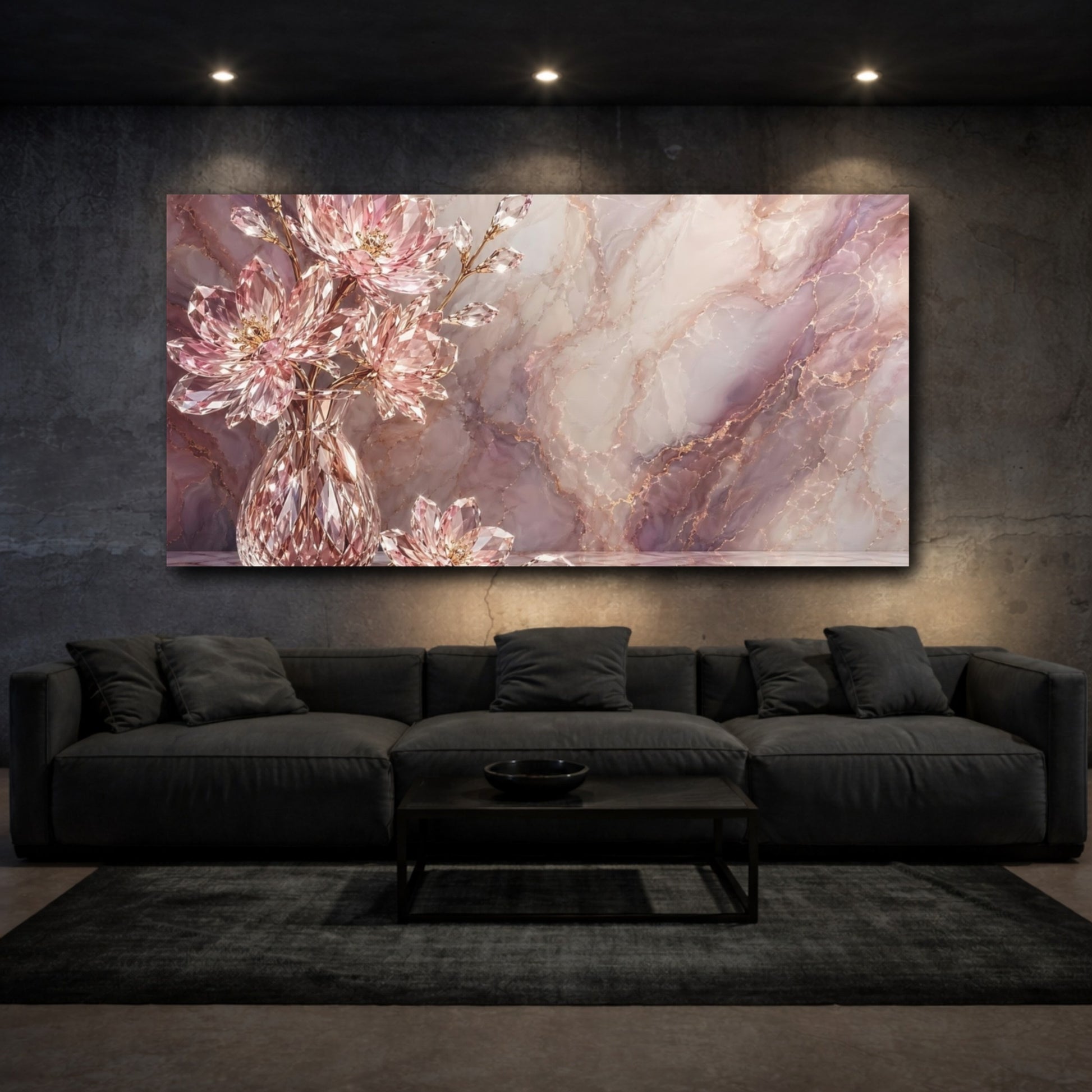 Mockup 2. Floral Crystal Flowers Pink Marble Gold shown as stretched canvas wall art