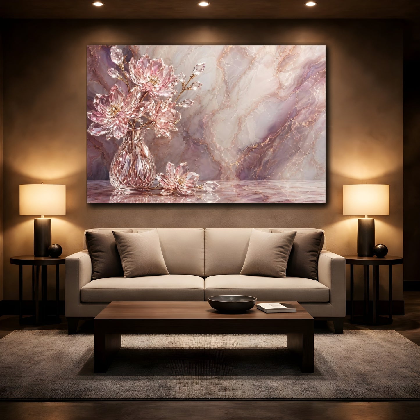 Mockup 2. Floral Crystal Flowers Pink Marble Gold shown as stretched canvas wall art