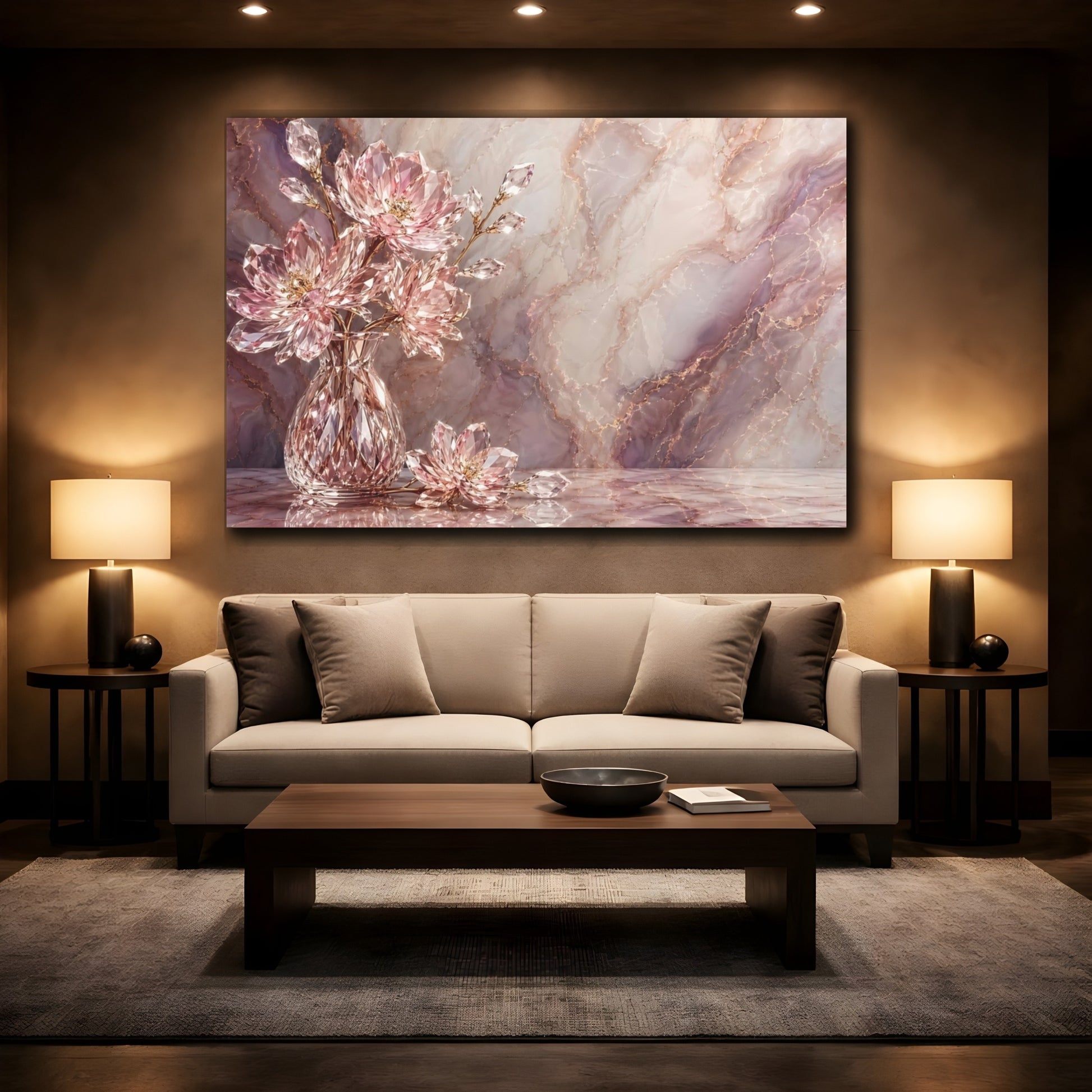 Mockup 2. Floral Crystal Flowers Pink Marble Gold shown as stretched canvas wall art