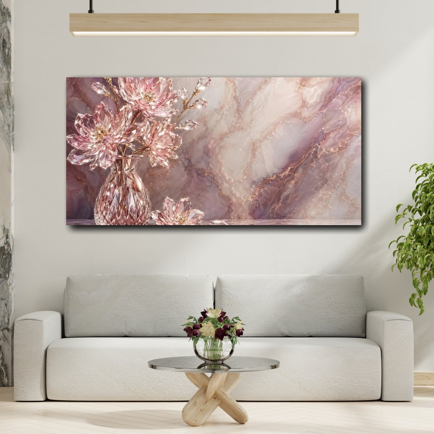 Mockup 3. Floral Crystal Flowers Pink Marble Gold shown as stretched canvas wall art