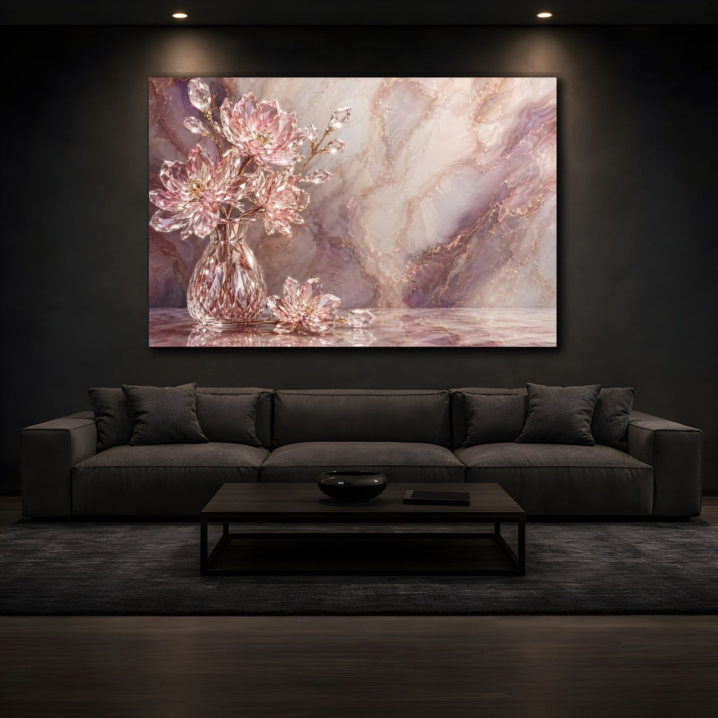 Mockup 3. Floral Crystal Flowers Pink Marble Gold shown as stretched canvas wall art