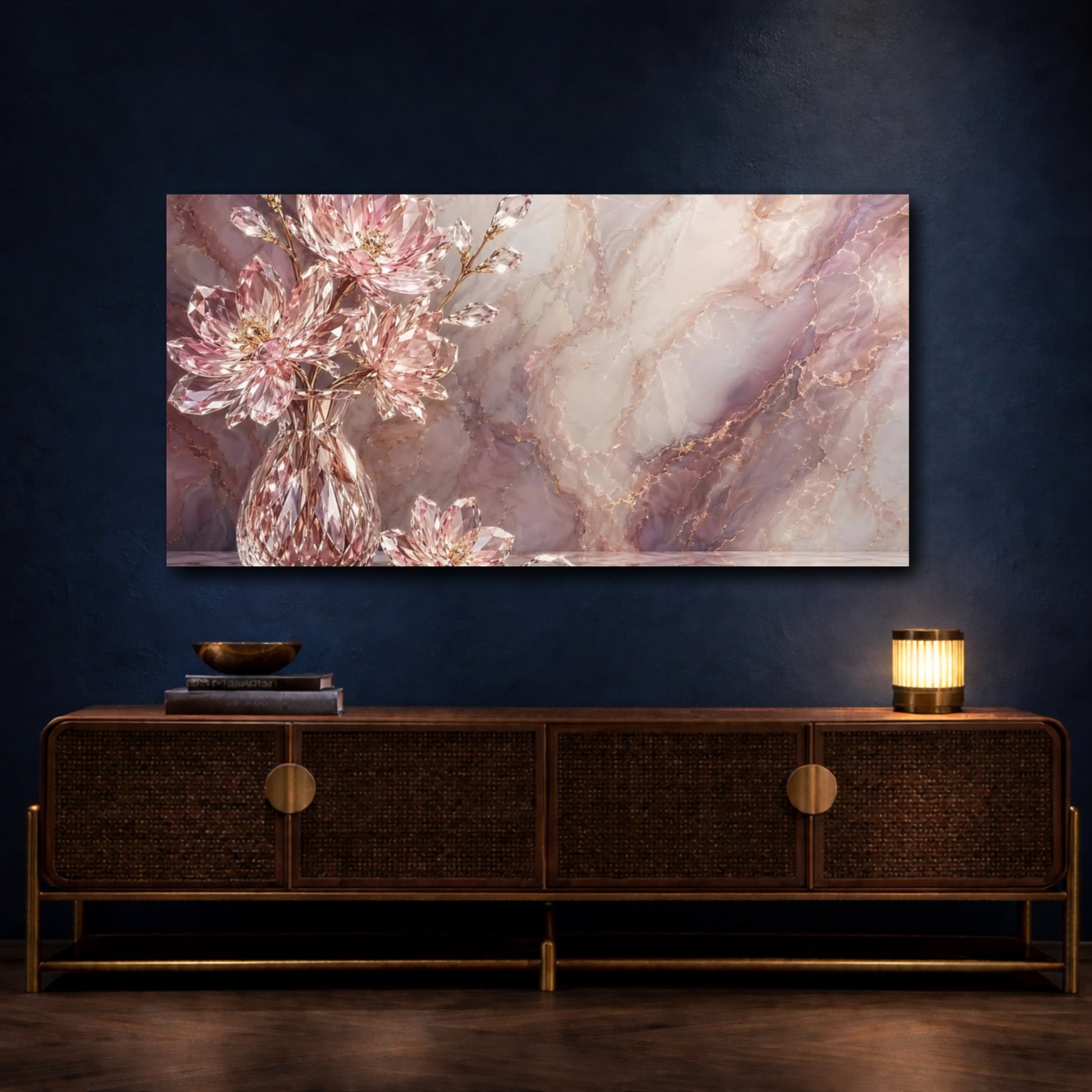Mockup 4. Floral Crystal Flowers Pink Marble Gold shown as stretched canvas wall art