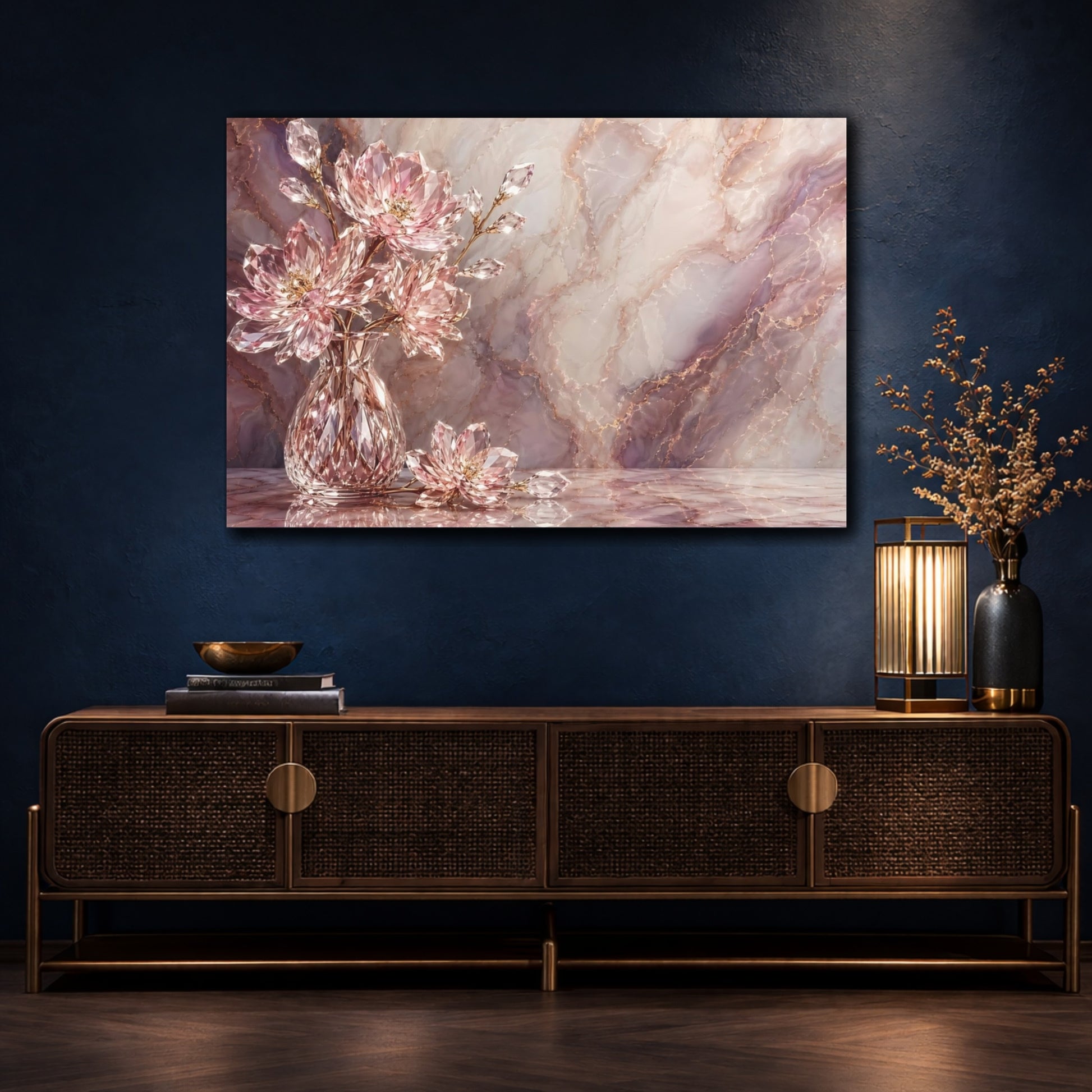 Mockup 4. Floral Crystal Flowers Pink Marble Gold shown as stretched canvas wall art