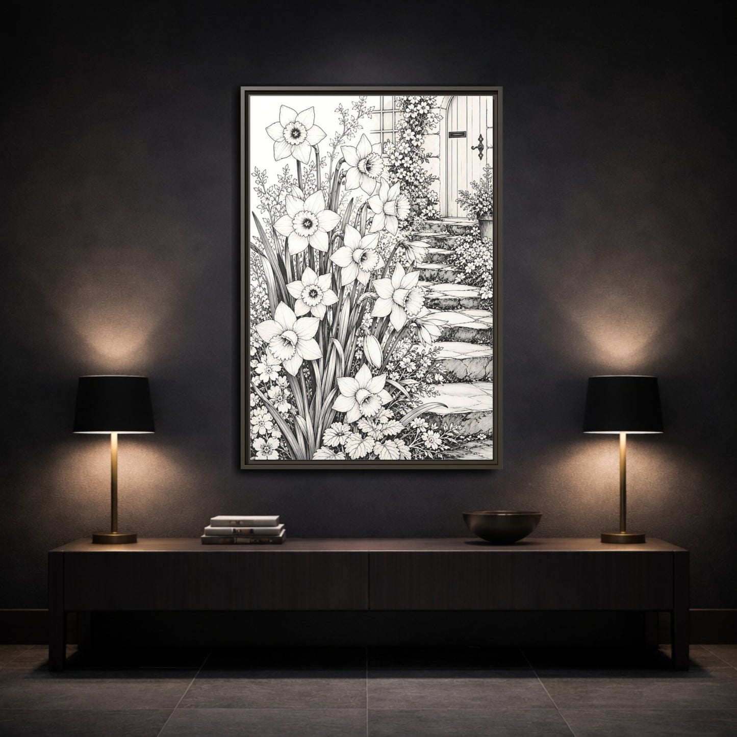 Mockup 3. Floral Daffodils Black And White Floral shown as framed canvas print