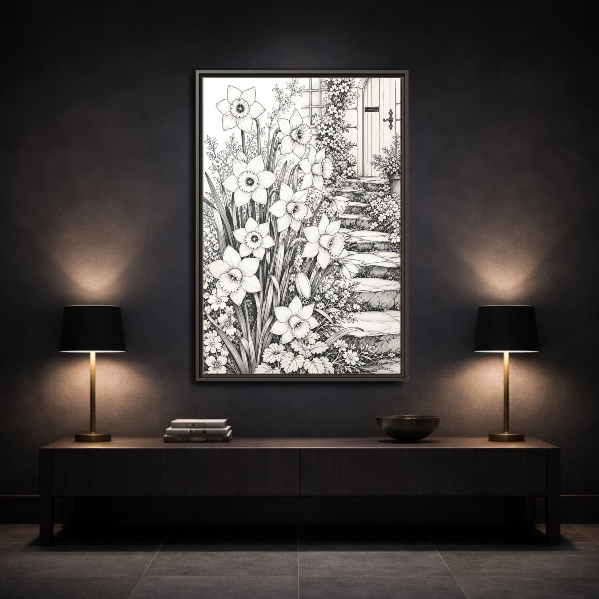 Floral Daffodils Black And White Framed Canvas Print – Living Room, Above Couch, Monochrome - YesArtYes