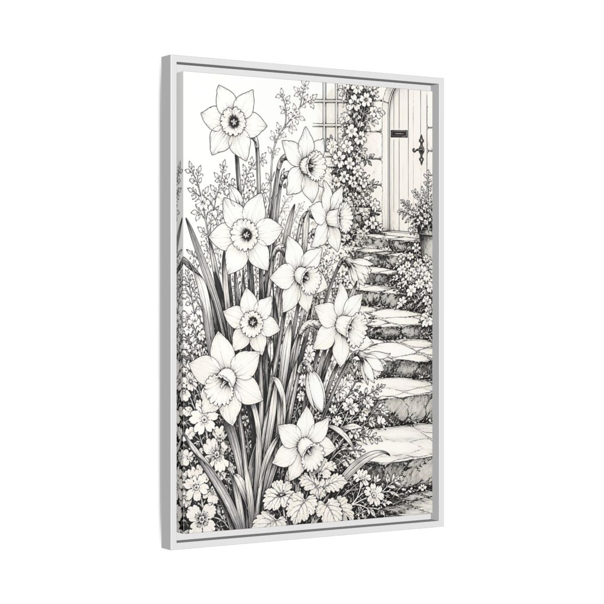 Floral Daffodils Black And White Framed Canvas Print – Living Room, Above Couch, Monochrome - YesArtYes