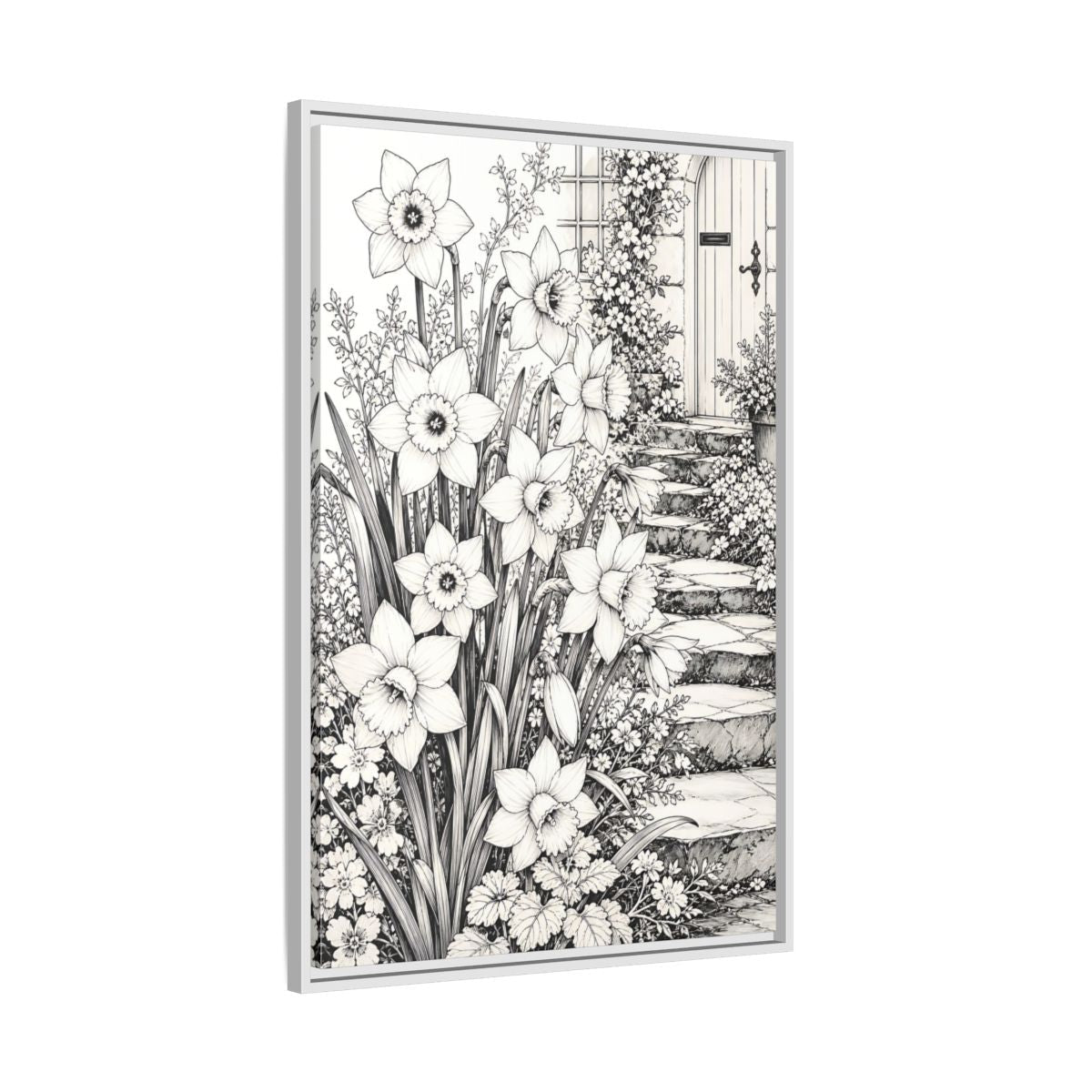 Floral Daffodils Black And White Framed Canvas Print – Living Room, Above Couch, Monochrome - YesArtYes