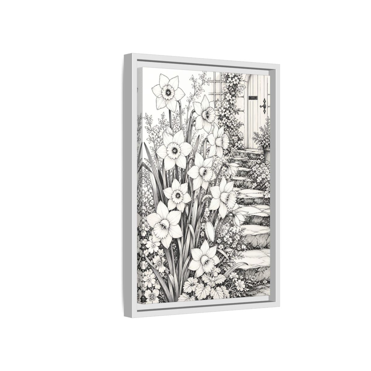 Floral Daffodils Black And White Framed Canvas Print – Living Room, Above Couch, Monochrome - YesArtYes