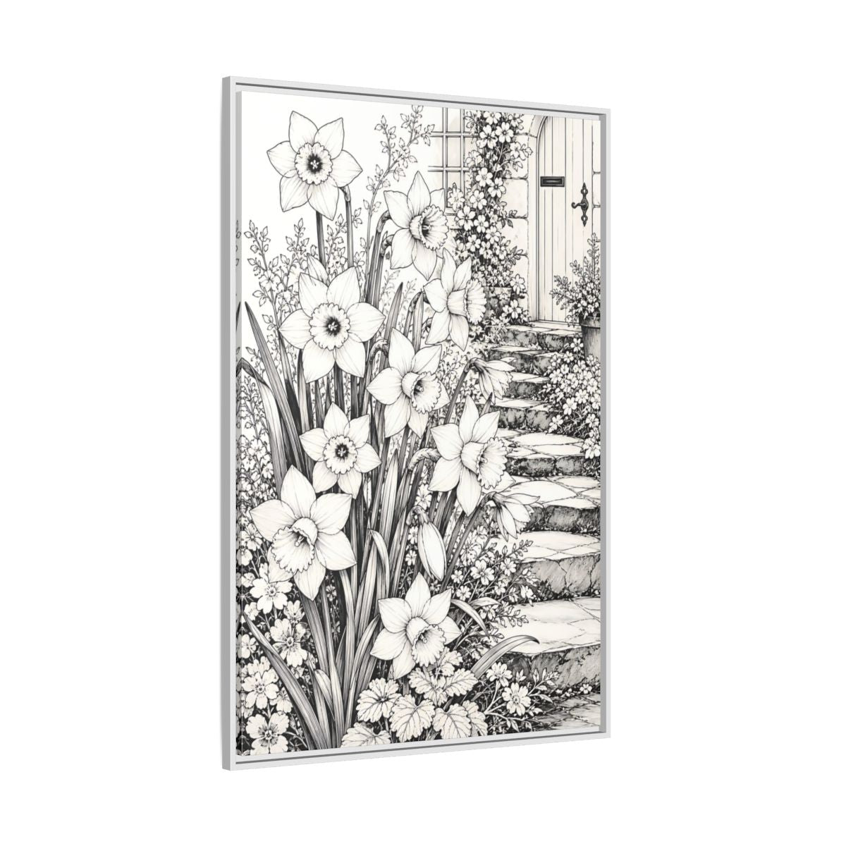 Floral Daffodils Black And White Framed Canvas Print – Living Room, Above Couch, Monochrome - YesArtYes