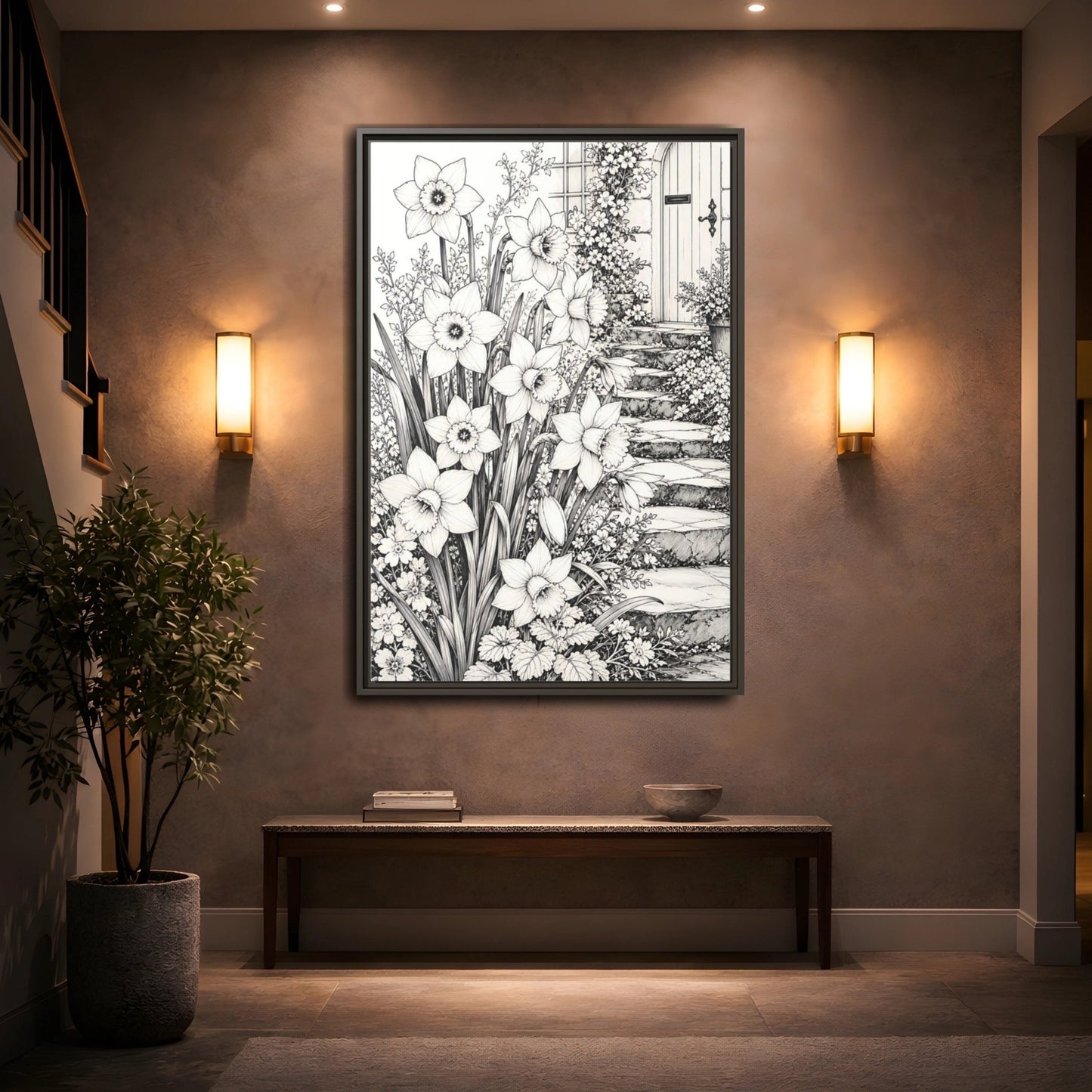 Floral Daffodils Black And White Framed Canvas Print – Living Room, Above Couch, Monochrome - YesArtYes