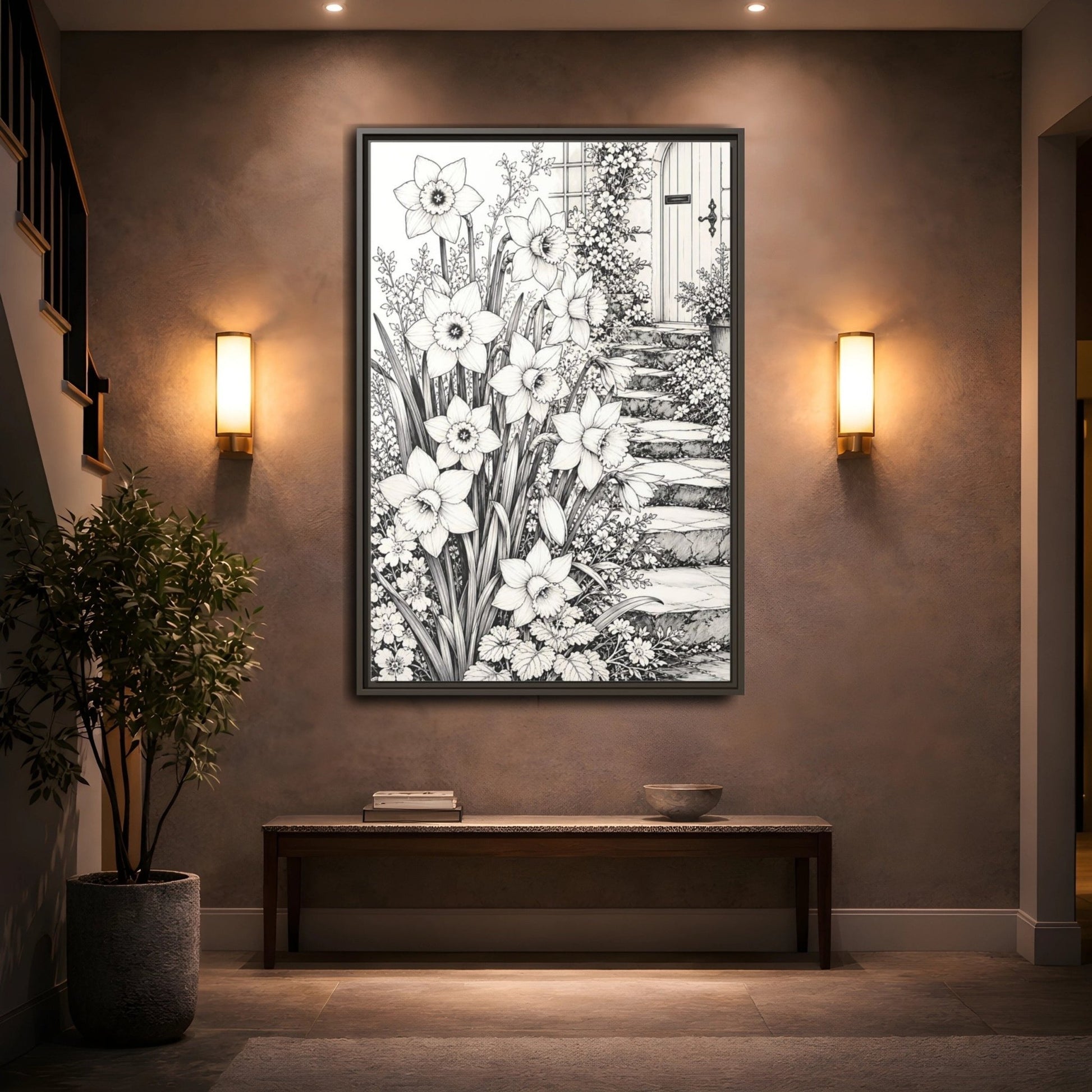Floral Daffodils Black And White Framed Canvas Print – Living Room, Above Couch, Monochrome - YesArtYes