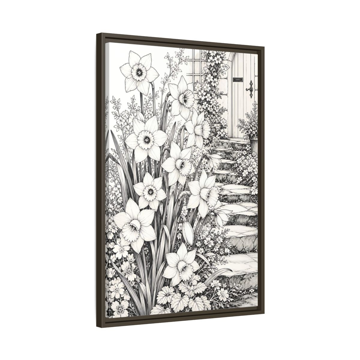 Floral Daffodils Black And White Framed Canvas Print – Living Room, Above Couch, Monochrome - YesArtYes