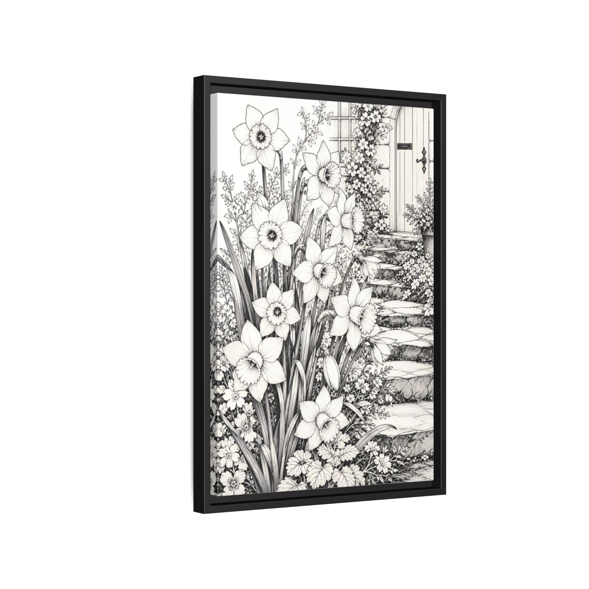 Floral Daffodils Black And White Framed Canvas Print – Living Room, Above Couch, Monochrome - YesArtYes