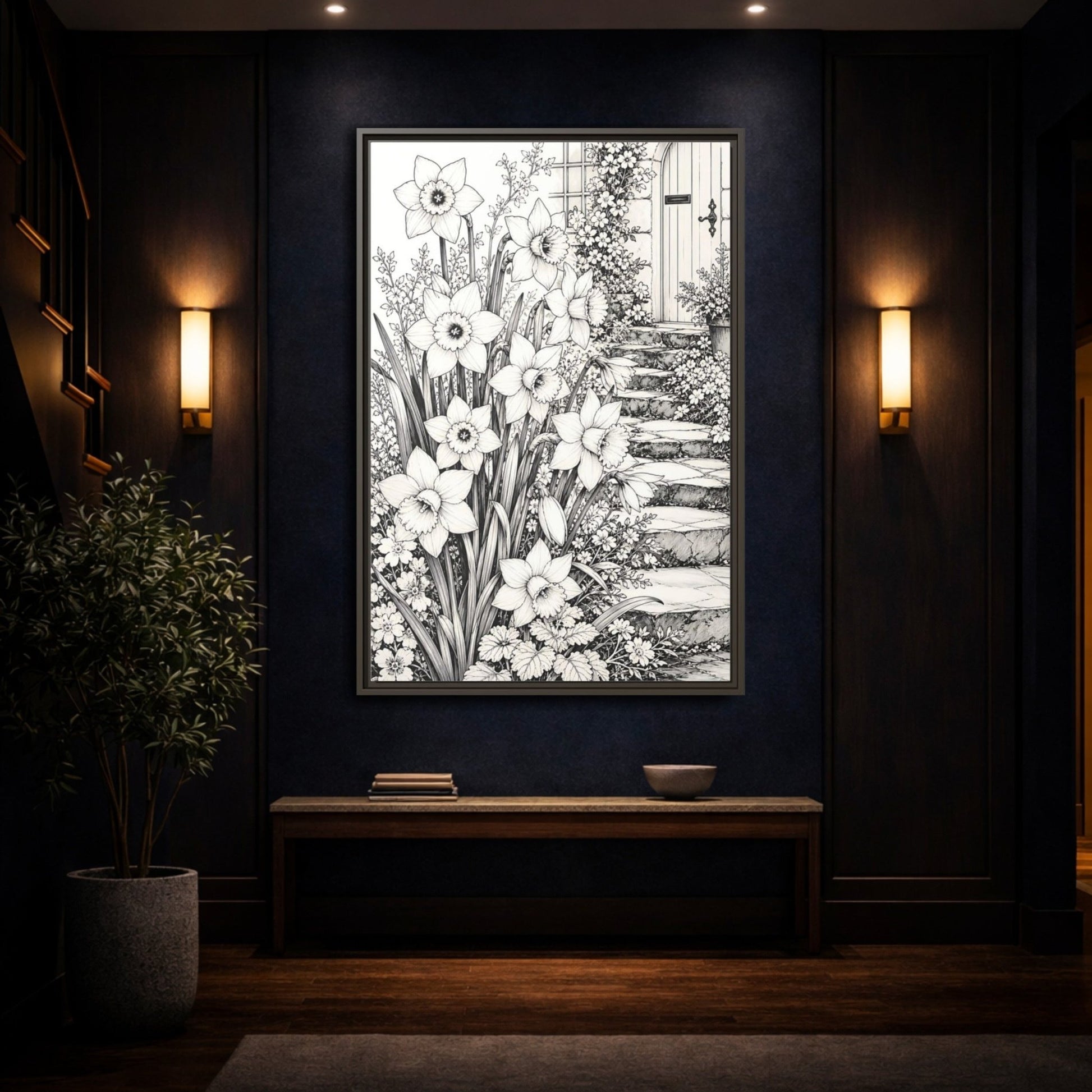 Floral Daffodils Black And White Framed Canvas Print – Living Room, Above Couch, Monochrome - YesArtYes
