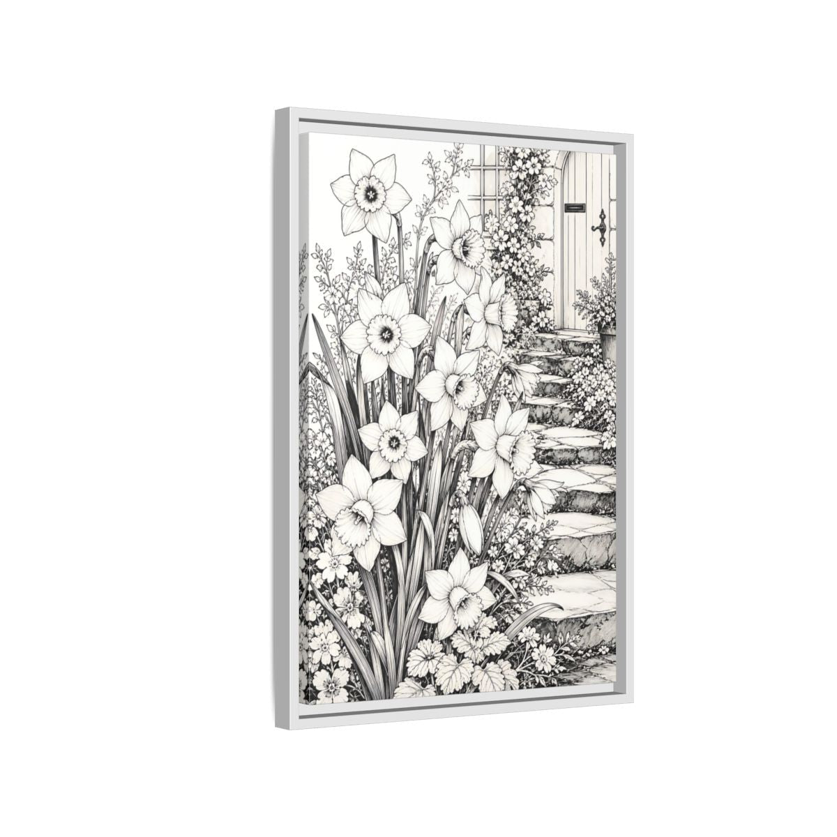 Floral Daffodils Black And White Framed Canvas Print – Living Room, Above Couch, Monochrome - YesArtYes
