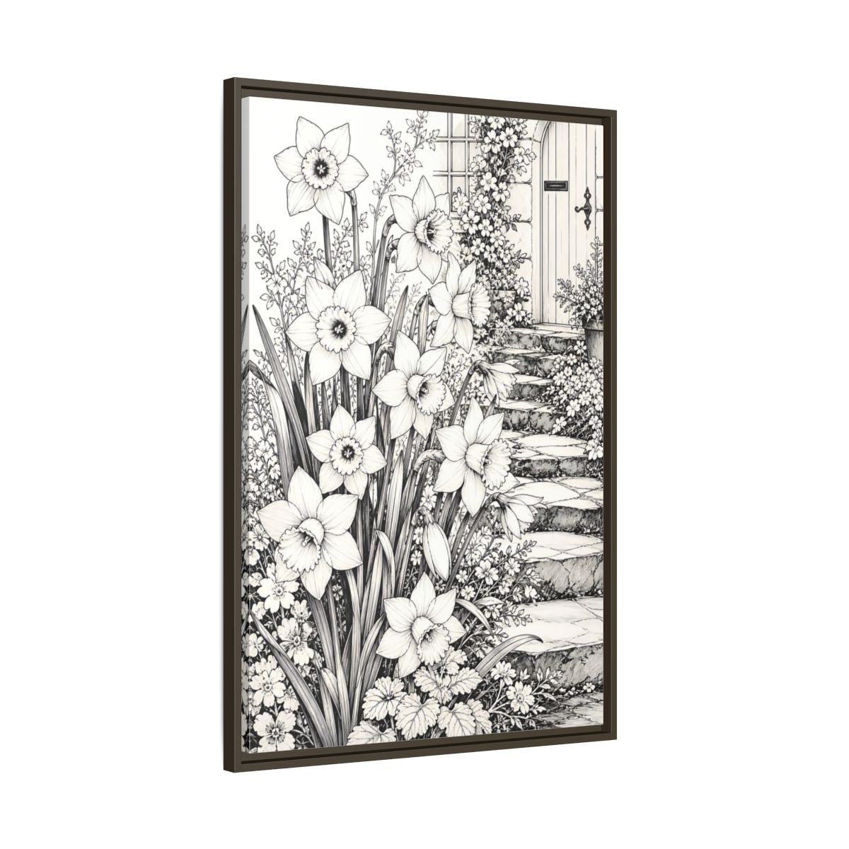 Floral Daffodils Black And White Framed Canvas Print – Living Room, Above Couch, Monochrome - YesArtYes