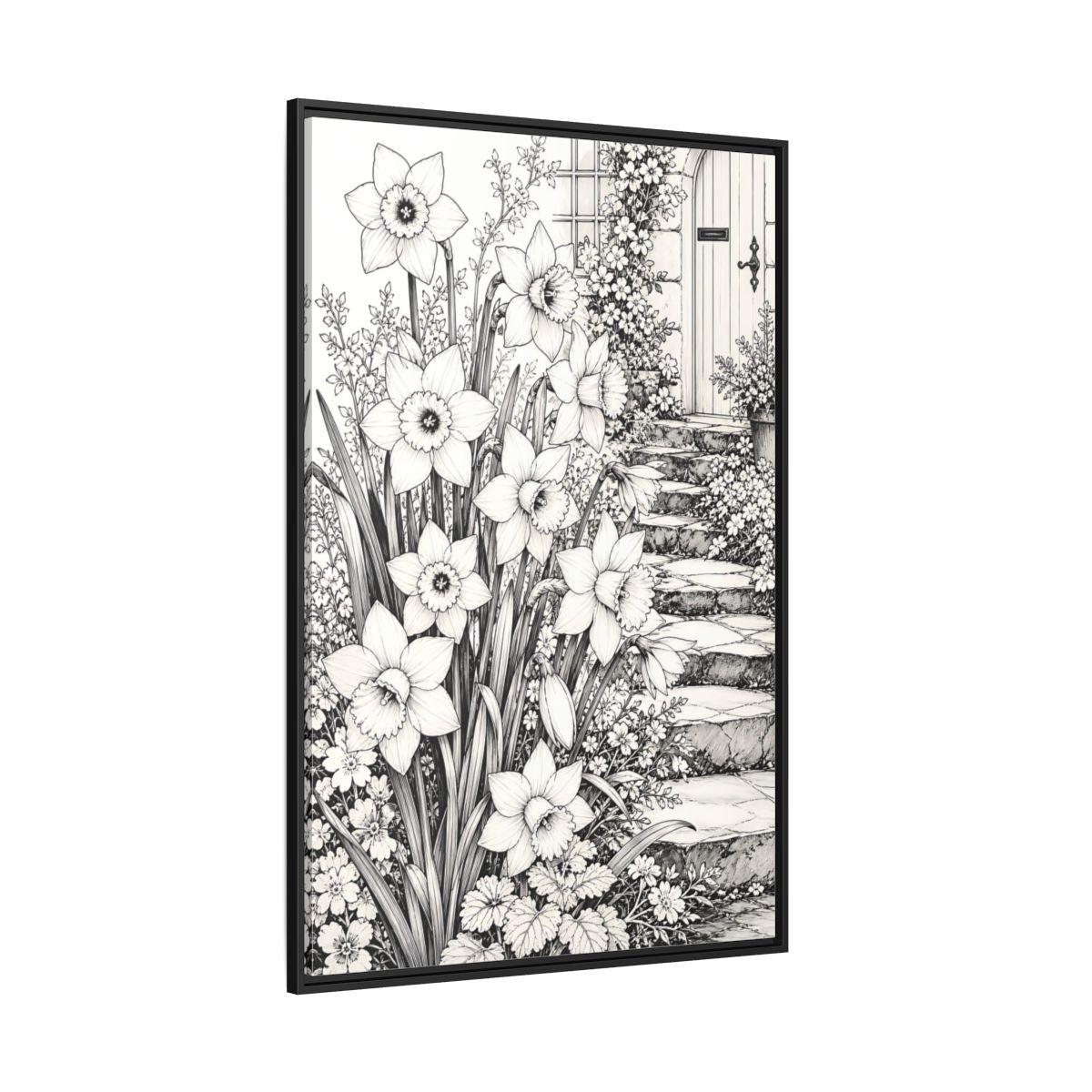 Floral Daffodils Black And White Framed Canvas Print – Living Room, Above Couch, Monochrome - YesArtYes