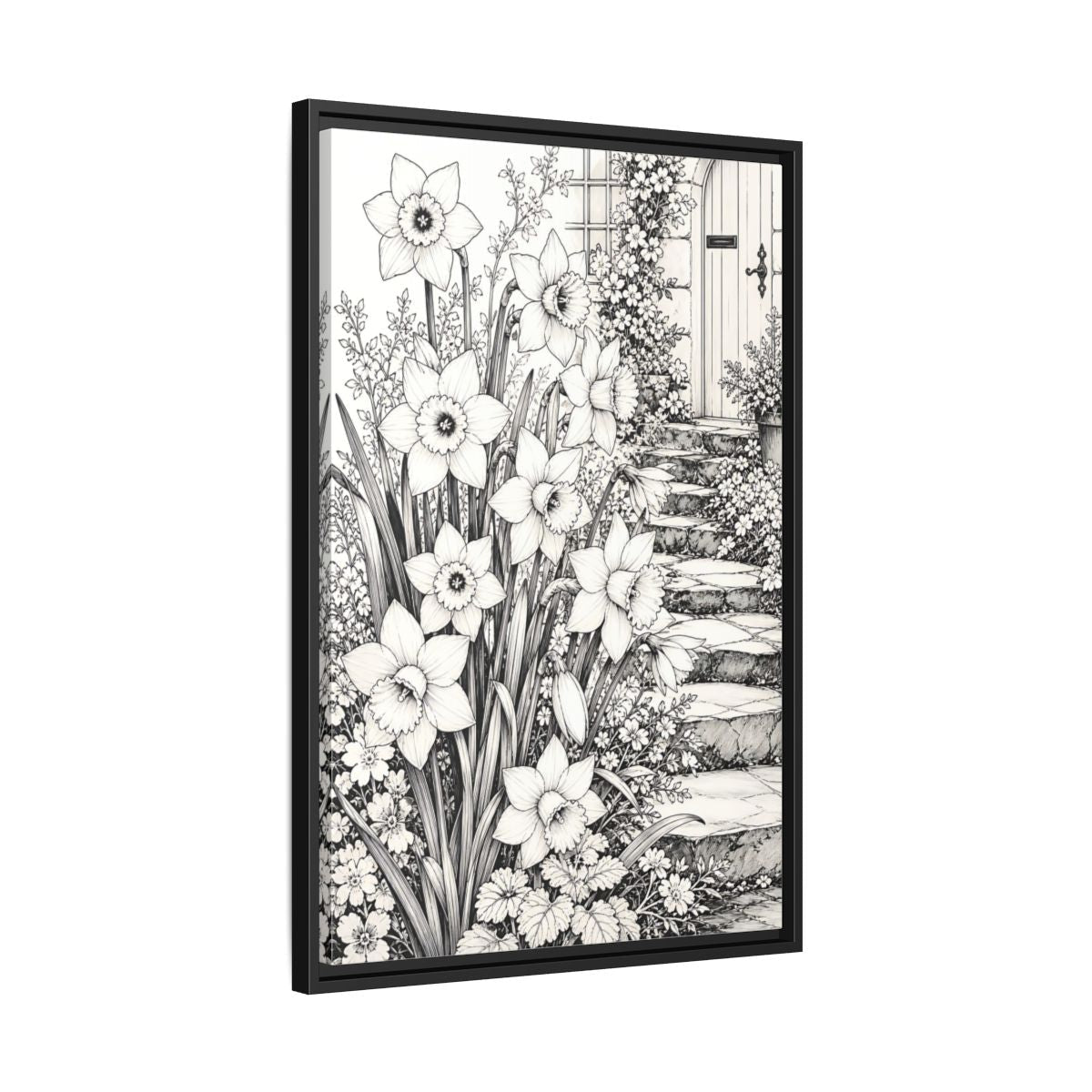 Floral Daffodils Black And White Framed Canvas Print – Living Room, Above Couch, Monochrome - YesArtYes