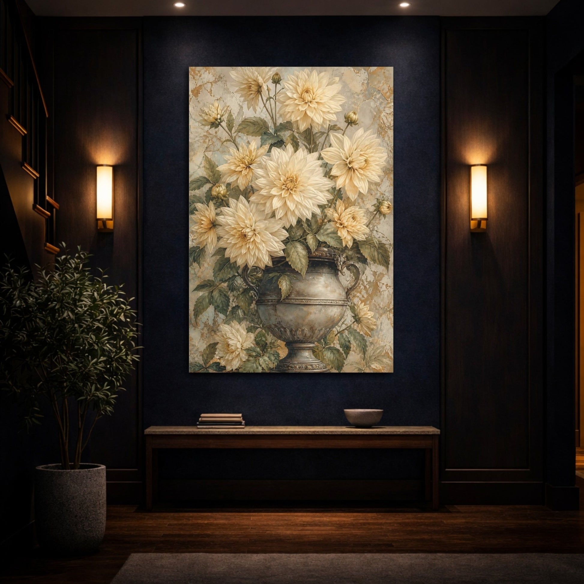 Floral Dahlias Cream And Gold Canvas Print – Living Room, Above Fireplace - YesArtYes