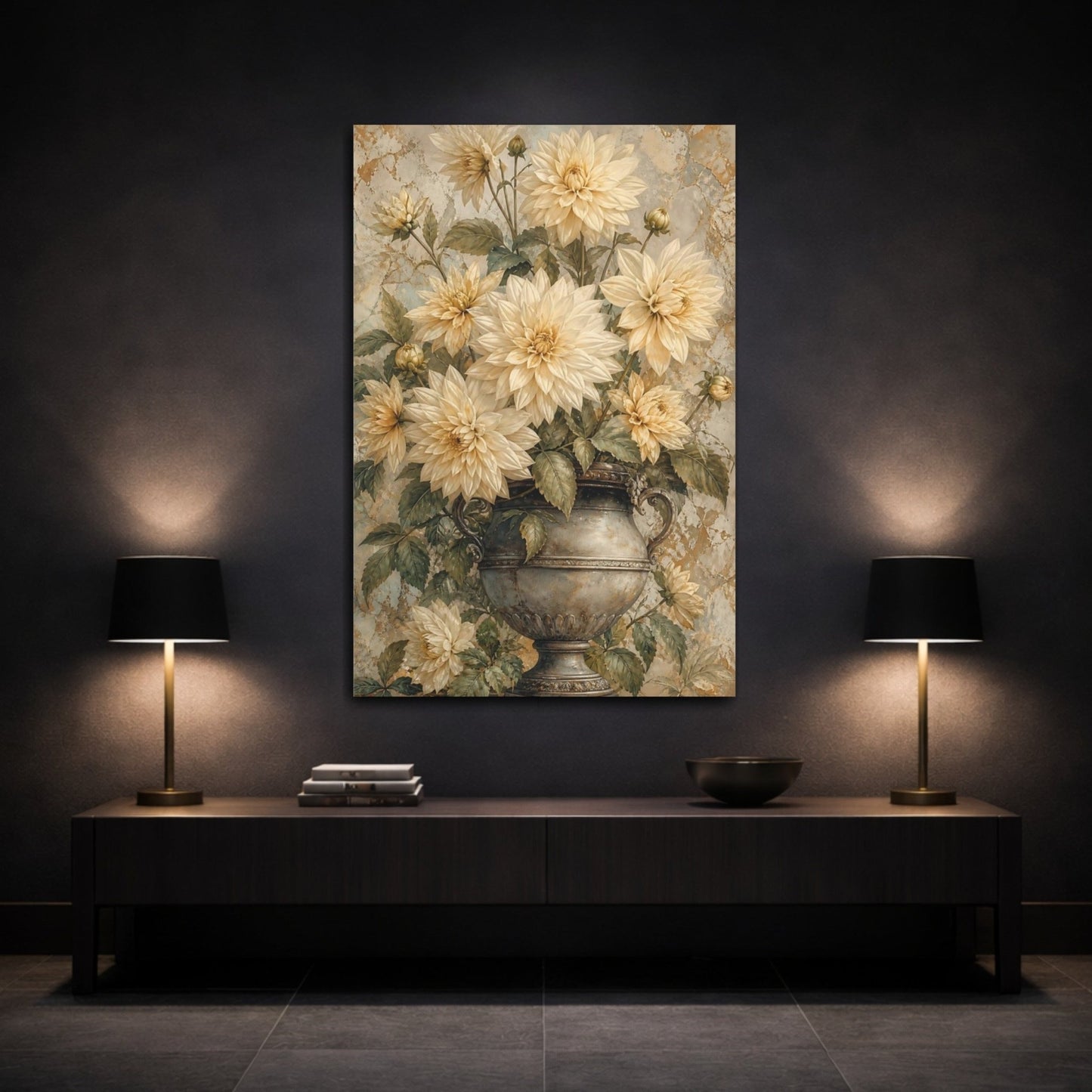 Floral Dahlias Cream And Gold Canvas Print – Living Room, Above Fireplace - YesArtYes
