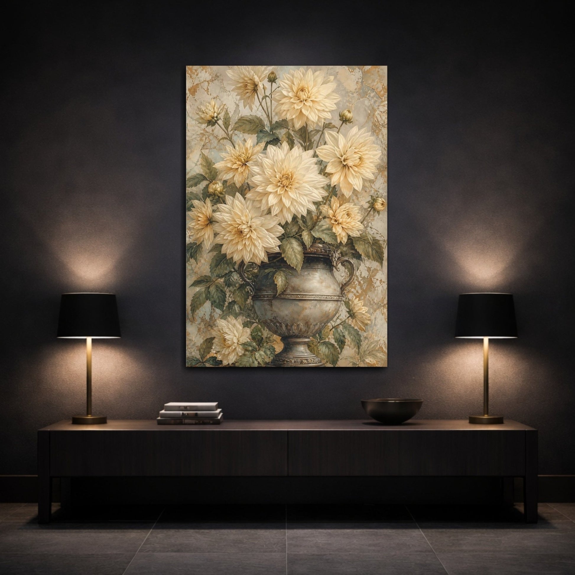 Floral Dahlias Cream And Gold Canvas Print – Living Room, Above Fireplace - YesArtYes
