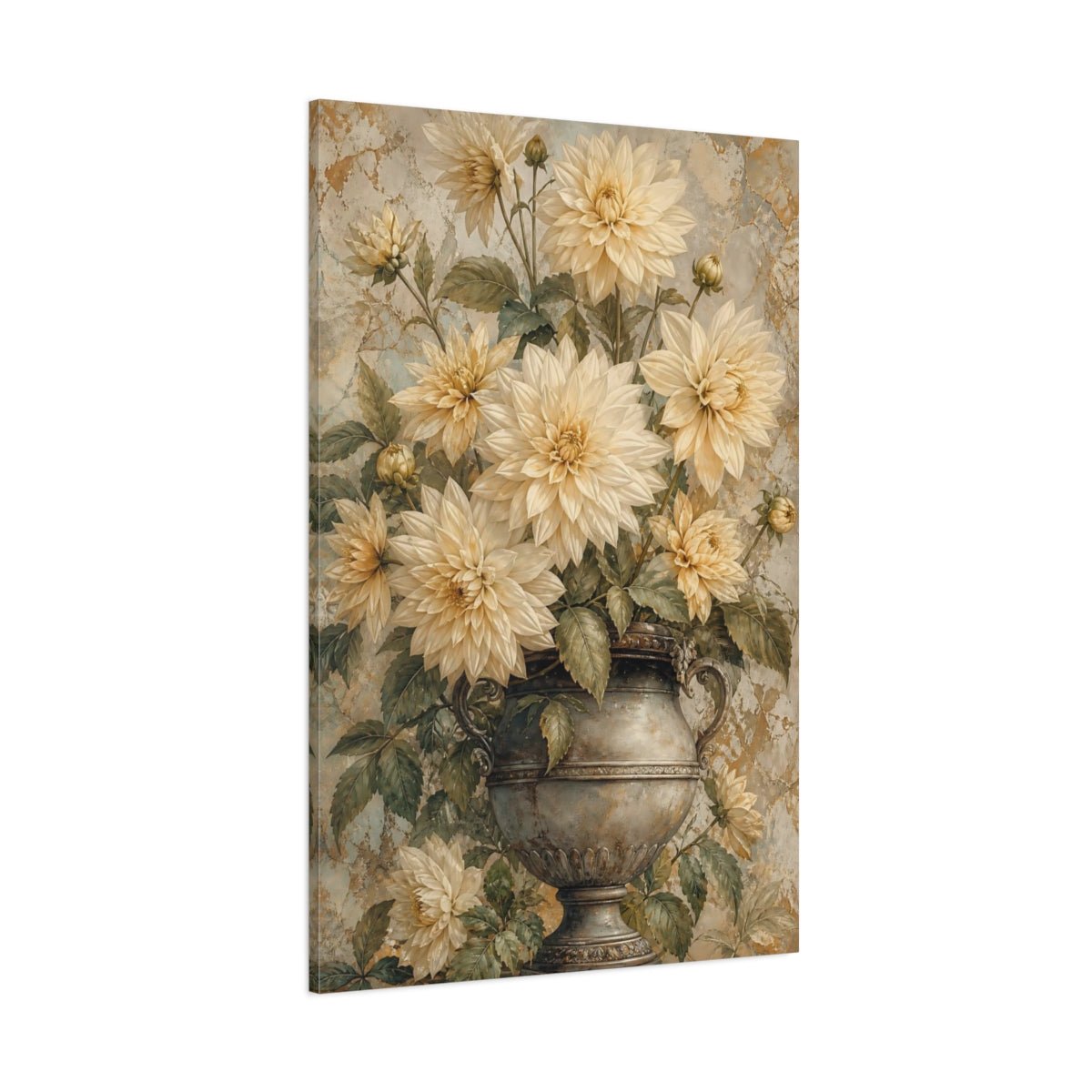 Floral Dahlias Cream And Gold Canvas Print – Living Room, Above Fireplace - YesArtYes