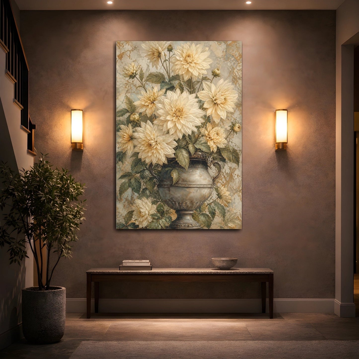 Floral Dahlias Cream And Gold Canvas Print – Living Room, Above Fireplace - YesArtYes