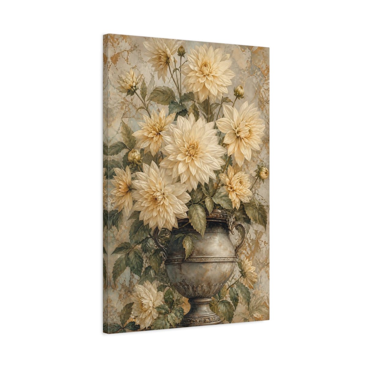 Floral Dahlias Cream And Gold Canvas Print – Living Room, Above Fireplace - YesArtYes