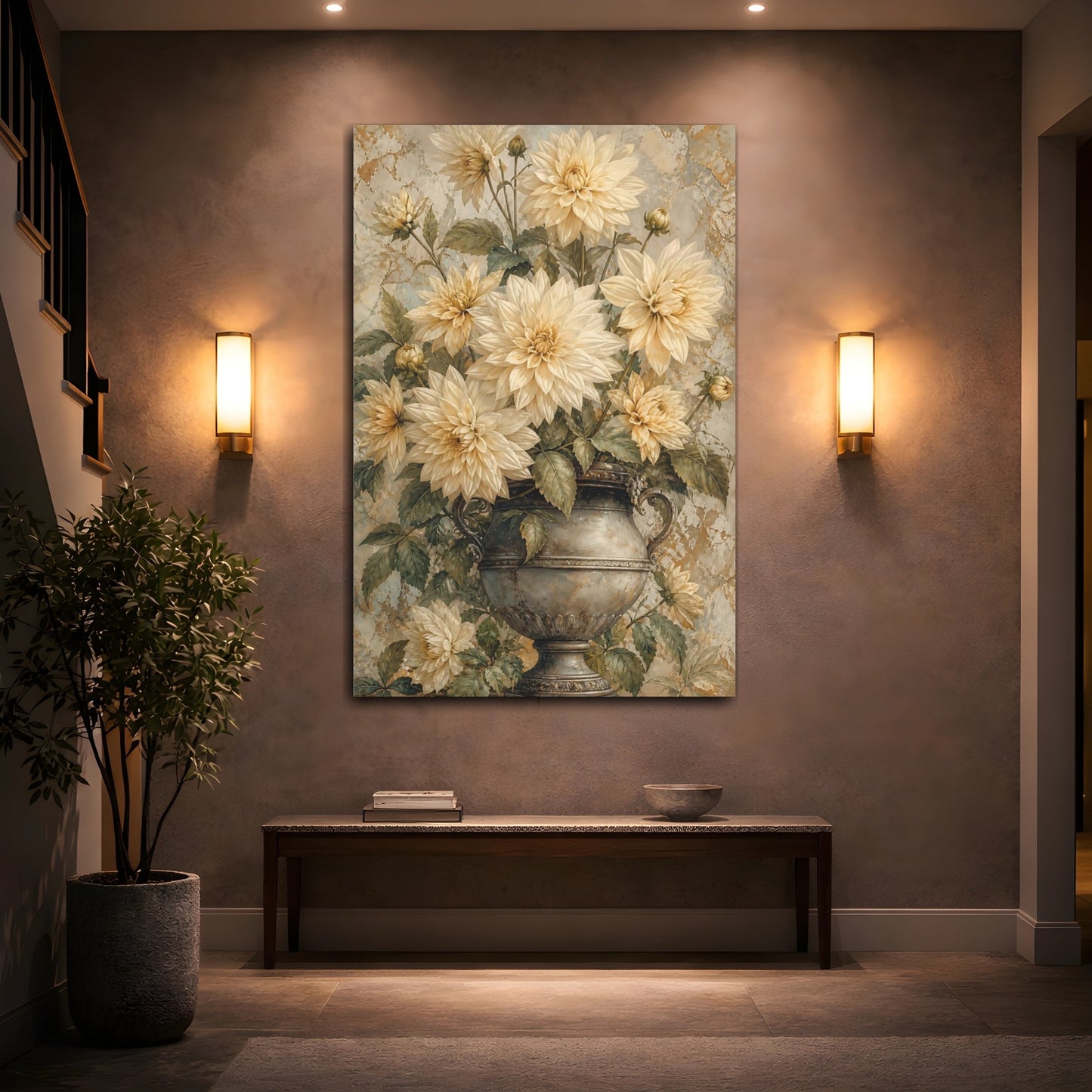 Mockup 2. Floral Dahlias Cream And Gold shown as canvas print