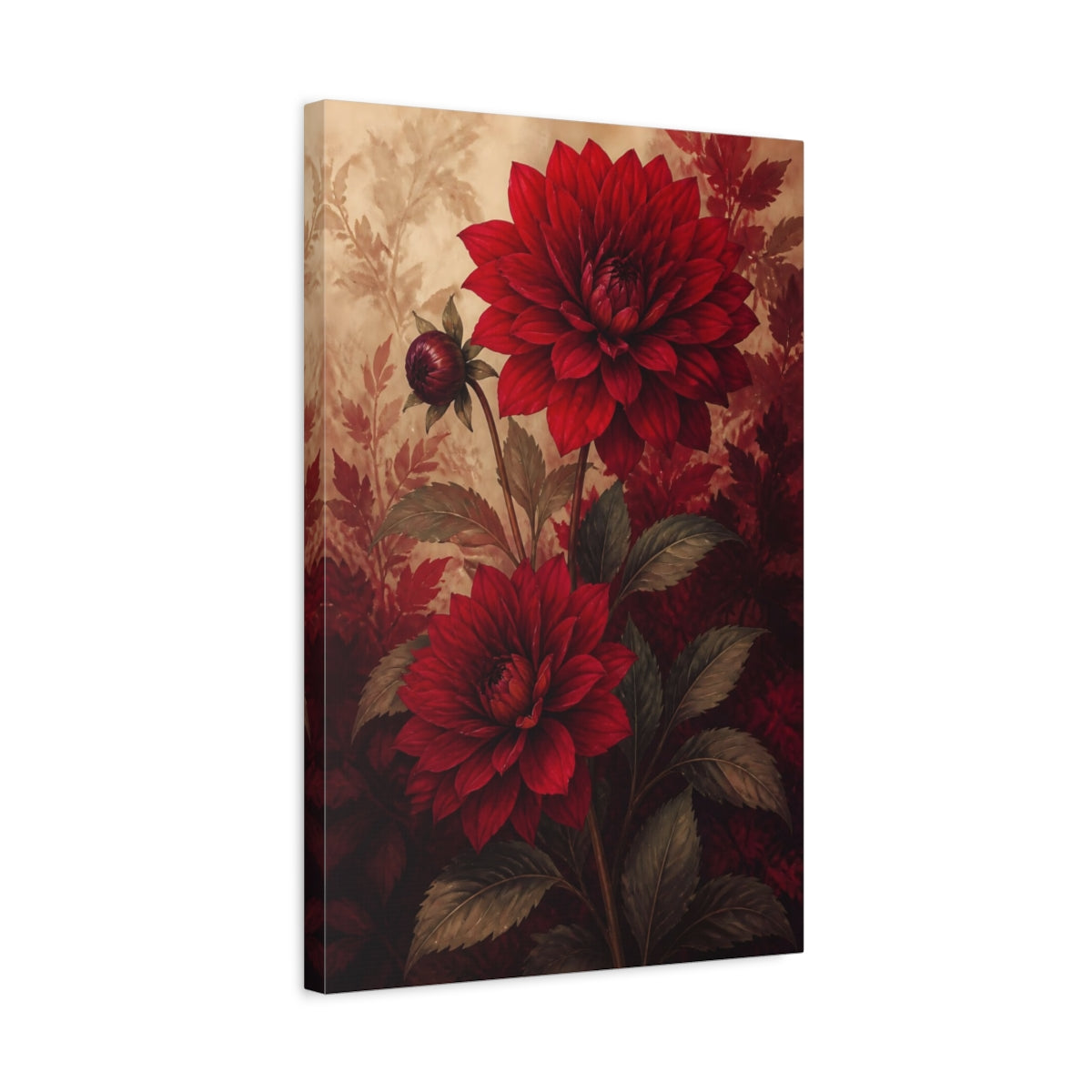 Side Mockup 3. Floral Dahlias Red Dahlias shown as canvas print
