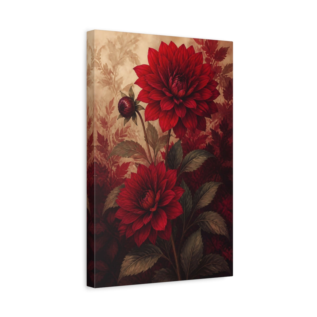 Side Mockup 4. Floral Dahlias Red Dahlias shown as canvas print
