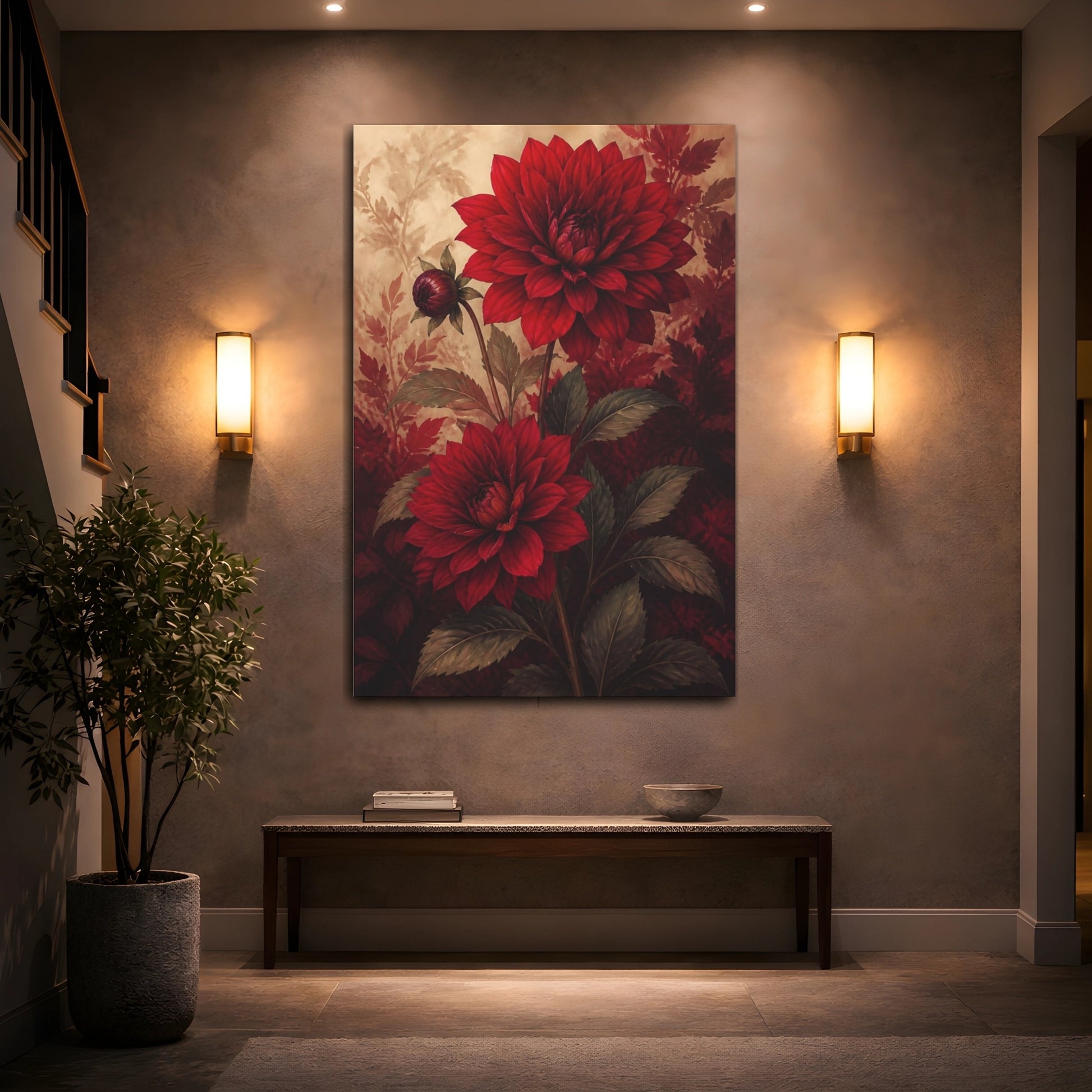 Mockup 2. Floral Dahlias Red Dahlias shown as canvas print