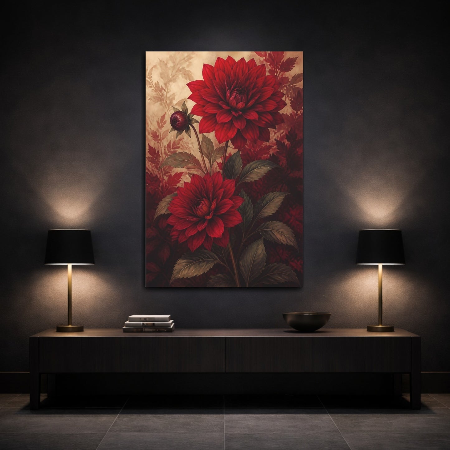 Mockup 3. Floral Dahlias Red Dahlias shown as canvas print