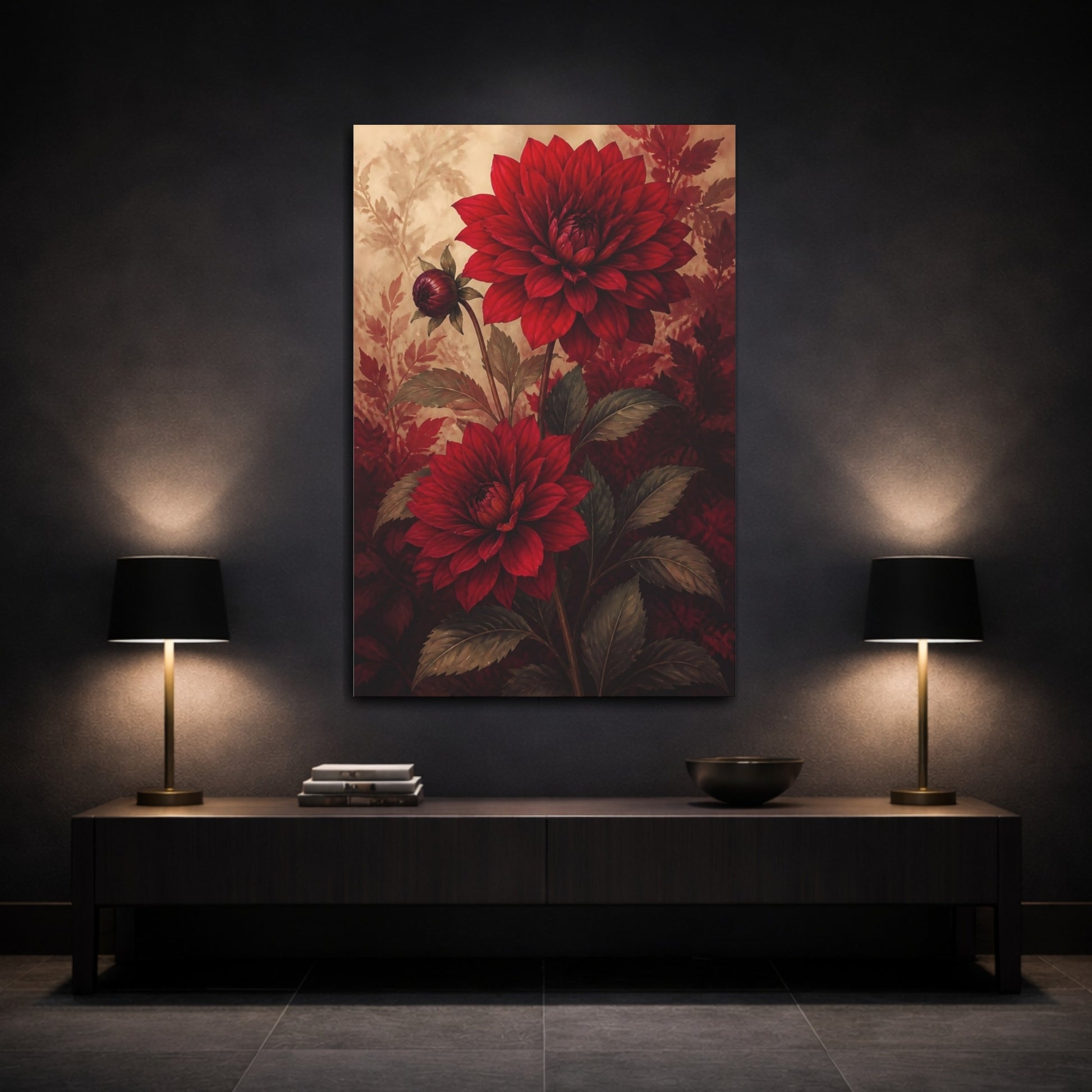 Mockup 3. Floral Dahlias Red Dahlias shown as canvas print