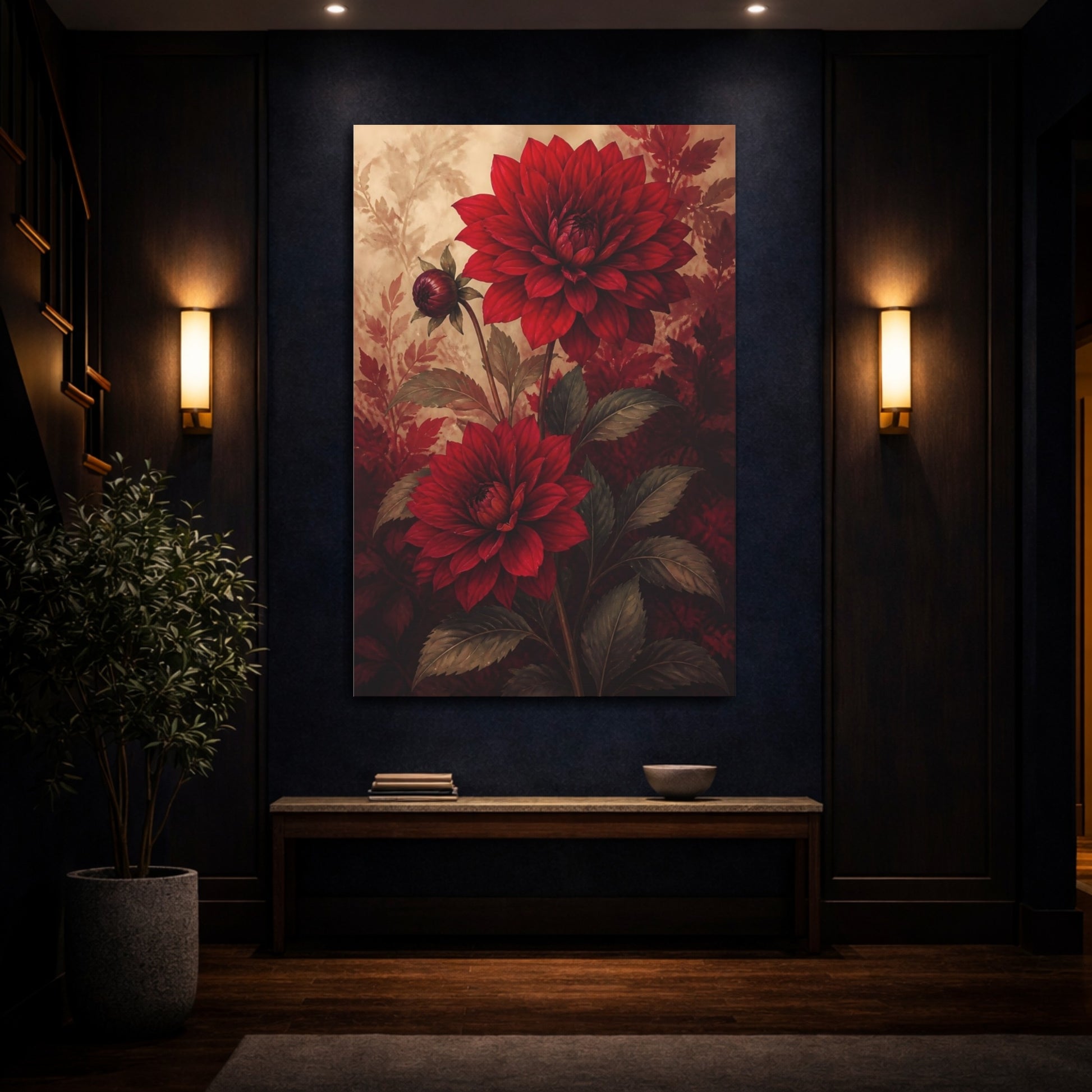 Mockup 4. Floral Dahlias Red Dahlias shown as canvas print