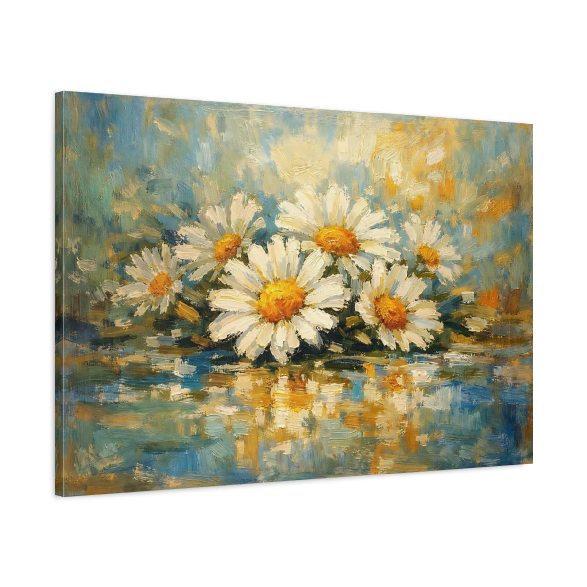 Side Mockup 1. Floral Daisies Blue And White Floral shown as stretched canvas wall art