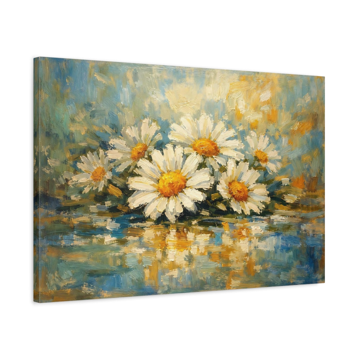 Side Mockup 2. Floral Daisies Blue And White Floral shown as stretched canvas wall art