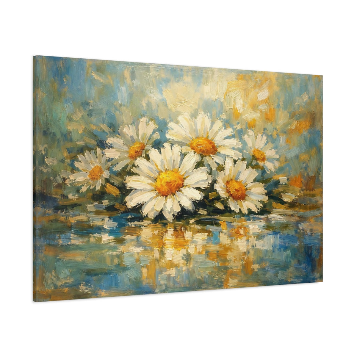 Main Mockup. Floral Daisies Blue And White Floral shown as stretched canvas wall art